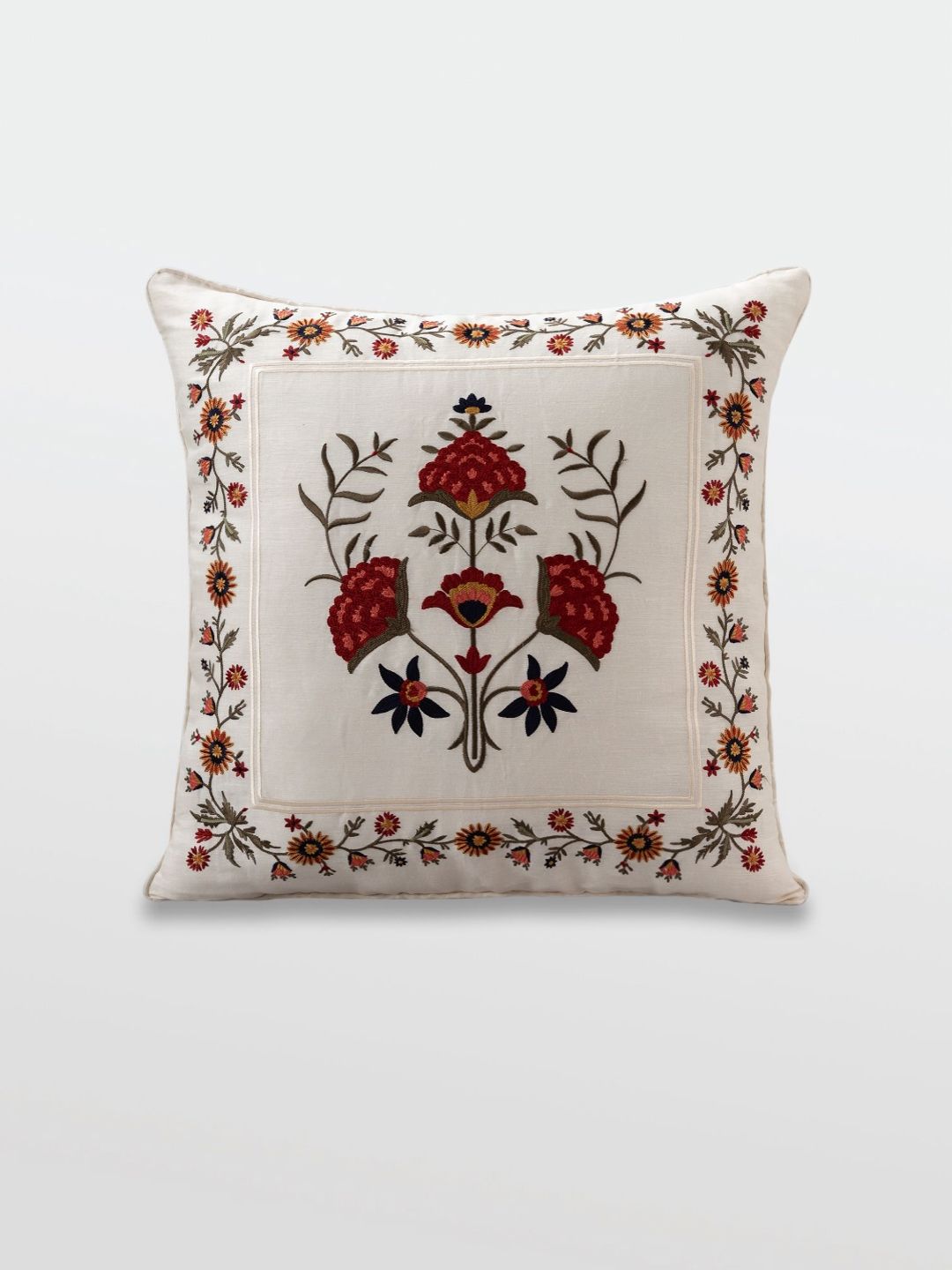 Mirooh White & Red Embroidered Cotton Linen Cushions-picture-41