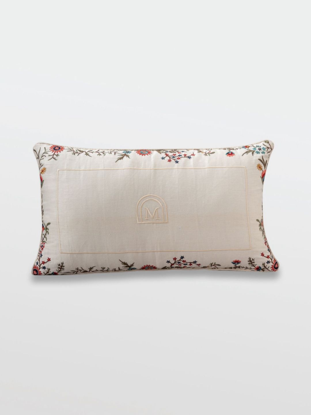 Mirooh Beige & Red Cotton Linen Rectangle Embroidered Cushion-picture-21