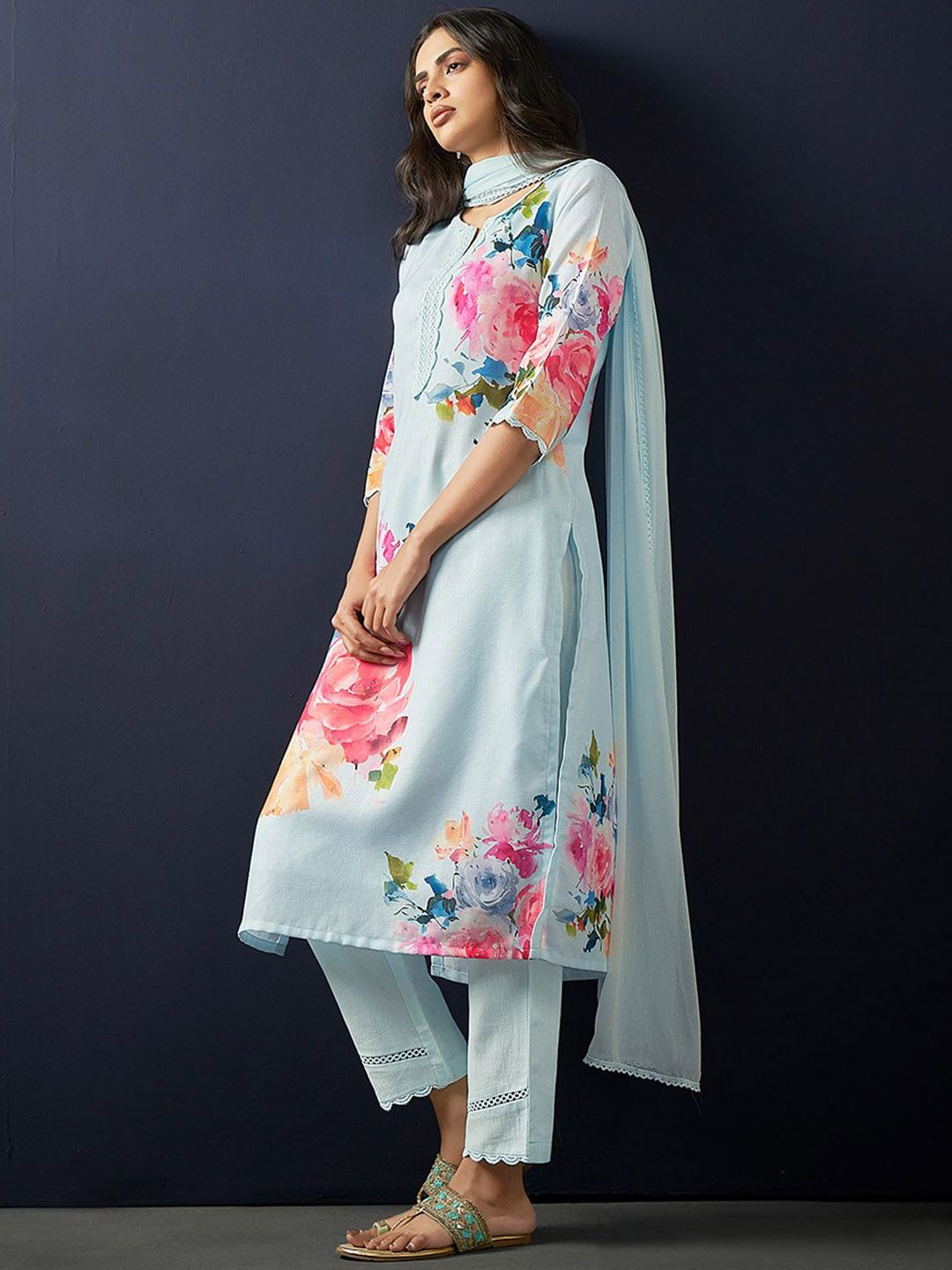 Indo Era Floral Printed Regular Linen Straight Kurta With Trousers & Dupatta