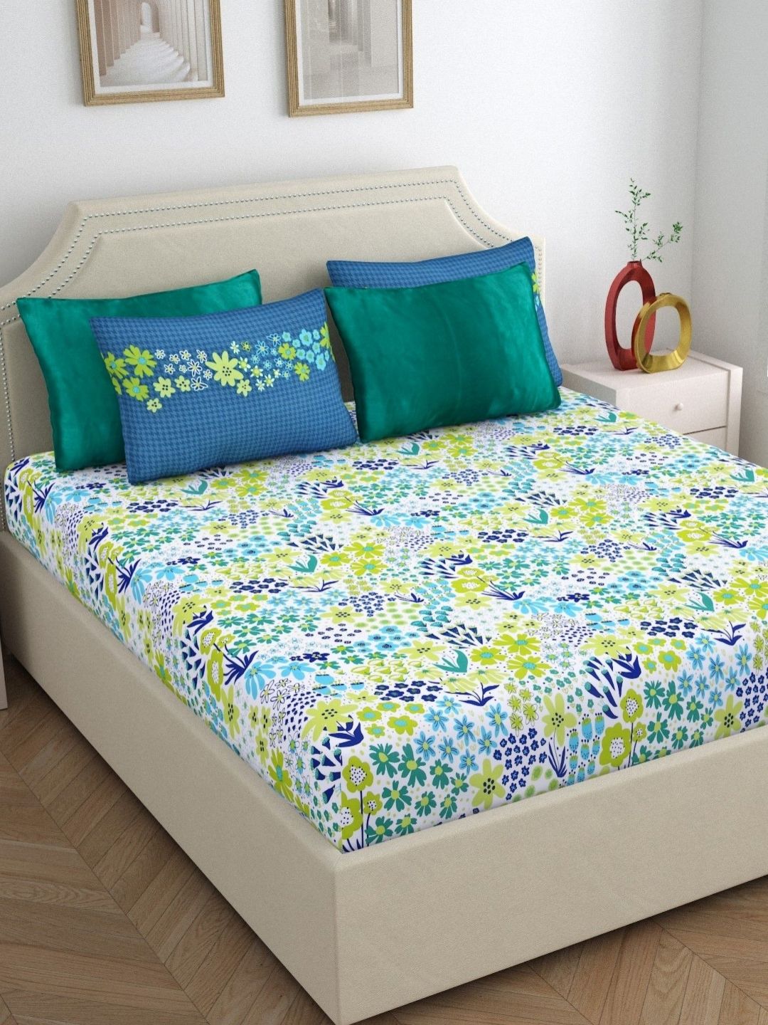 Home Ecstasy Blue & White Floral 140 TC Pure Cotton Queen Bedsheet With 4 Pillow Covers-picture-24
