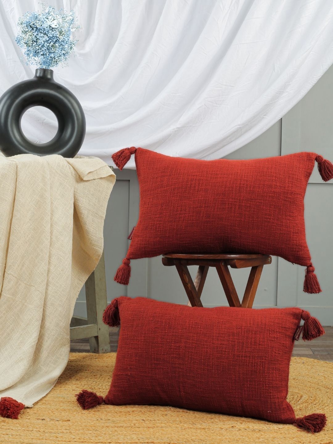 HOMADORN Rust 2 Pieces Textured Cotton Rectangle Cushion Covers-image-4