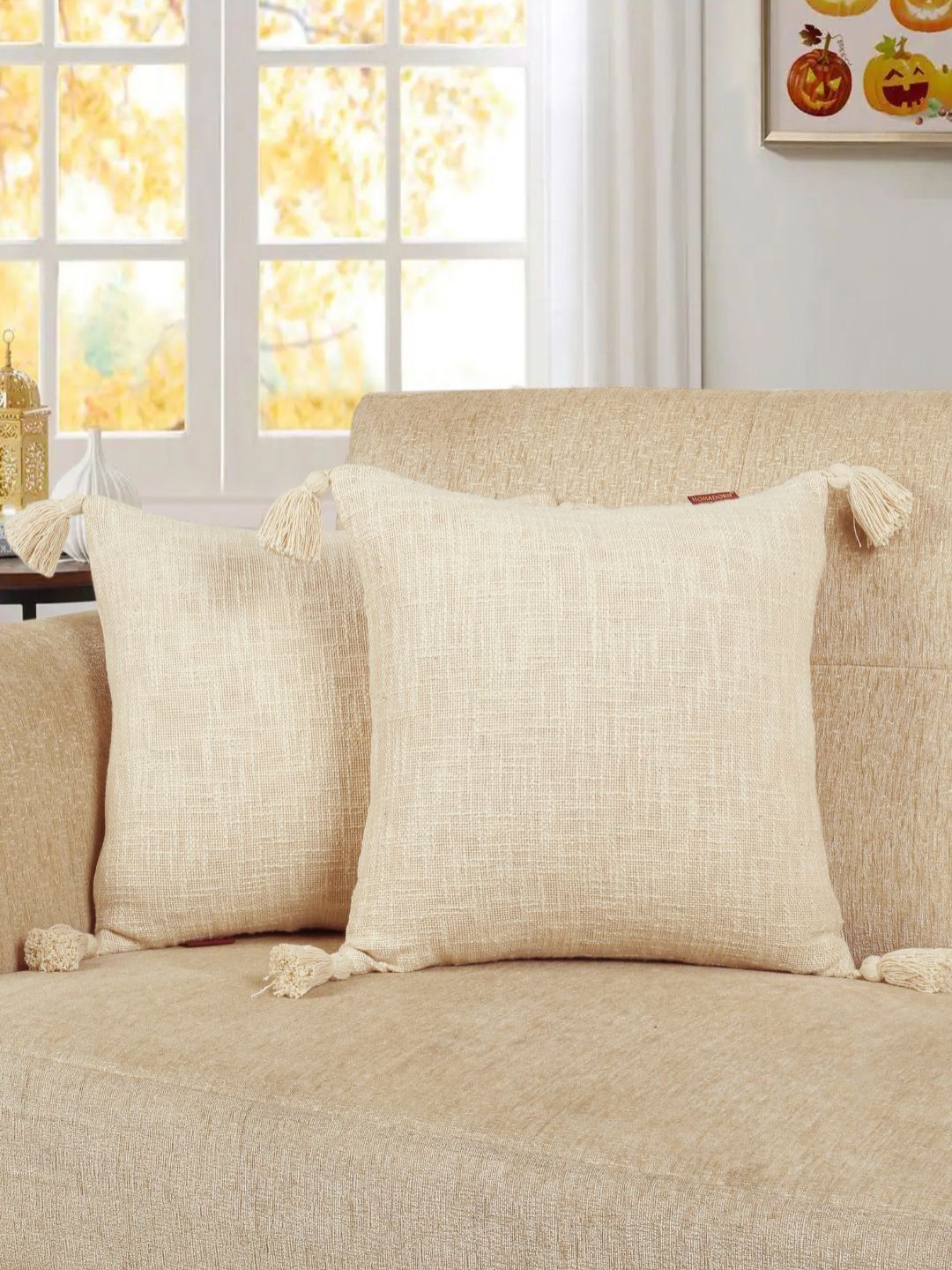 HOMADORN Off White 2 Pieces Square Tasselled Cotton Cushion Covers-image-12