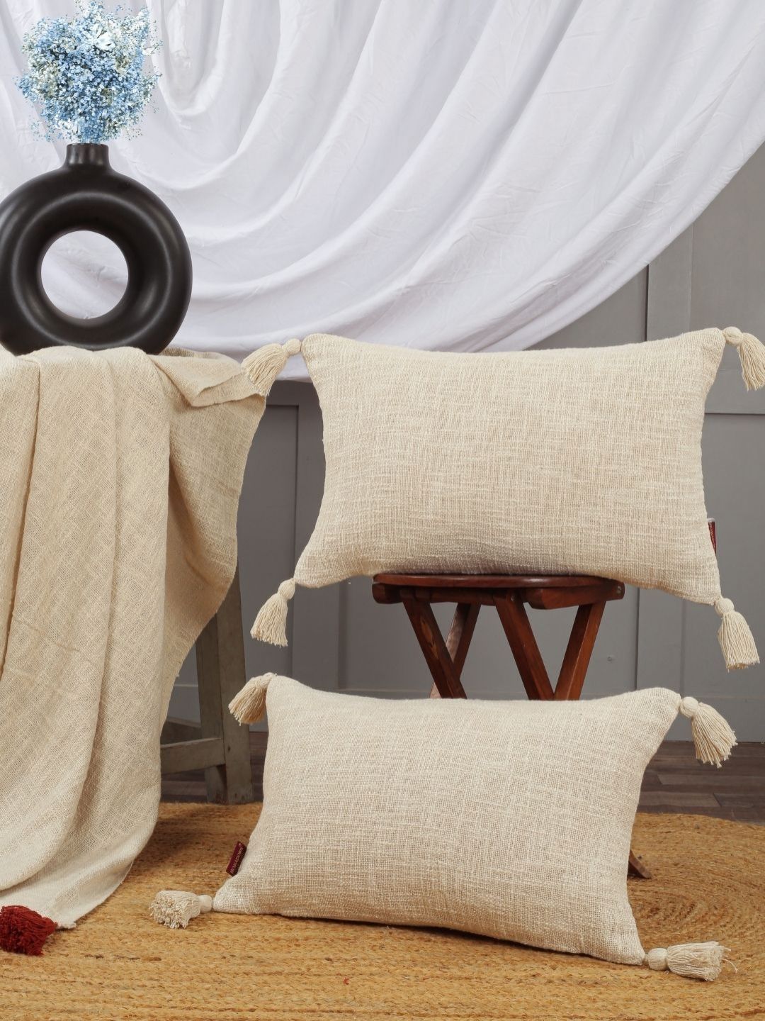 HOMADORN Off White 2 Pieces Textured Cotton Rectangle Cushion Covers-picture-16