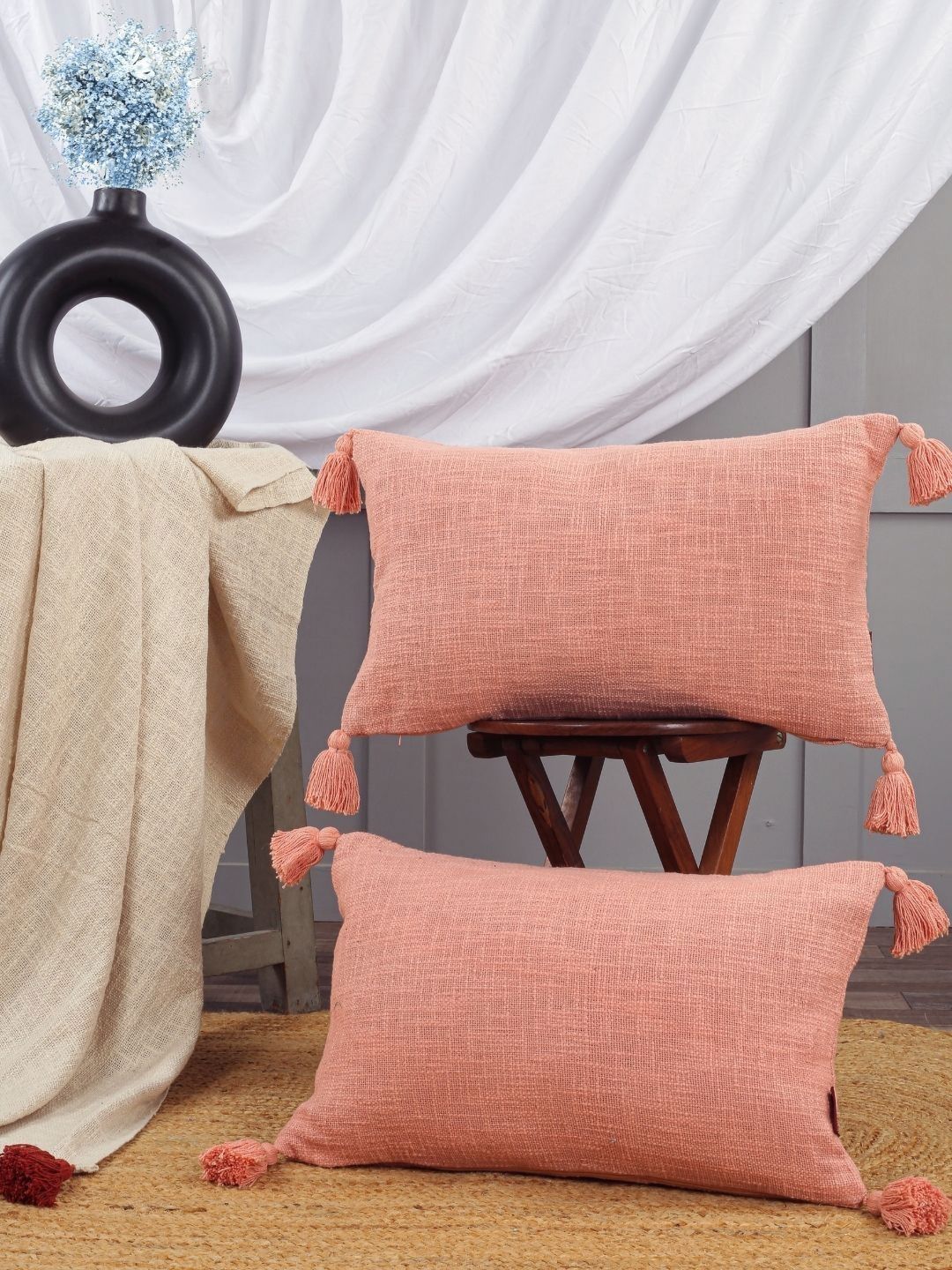 HOMADORN Peach 2 Pieces Cotton Rectangle Cushion Covers-picture-15