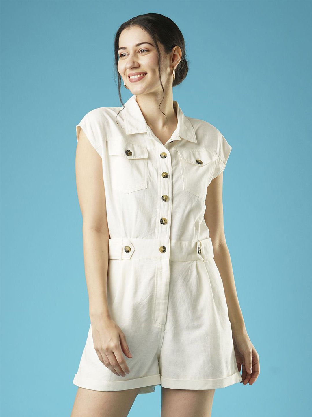 Globus White Shirt Collar Linen Playsuit