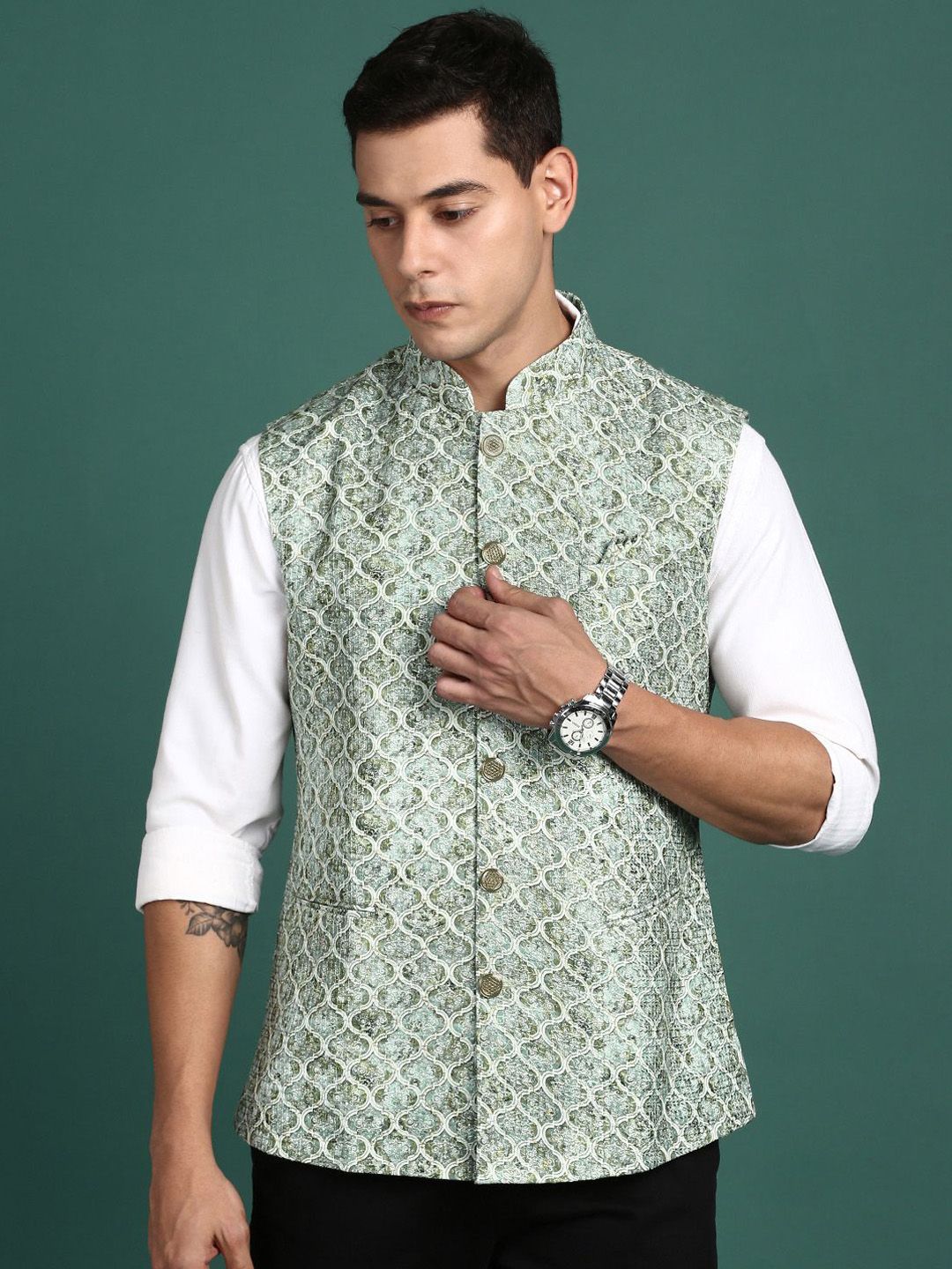 SHOWOFF Embroidered Slim-Fit Nehru Jackets-image-46