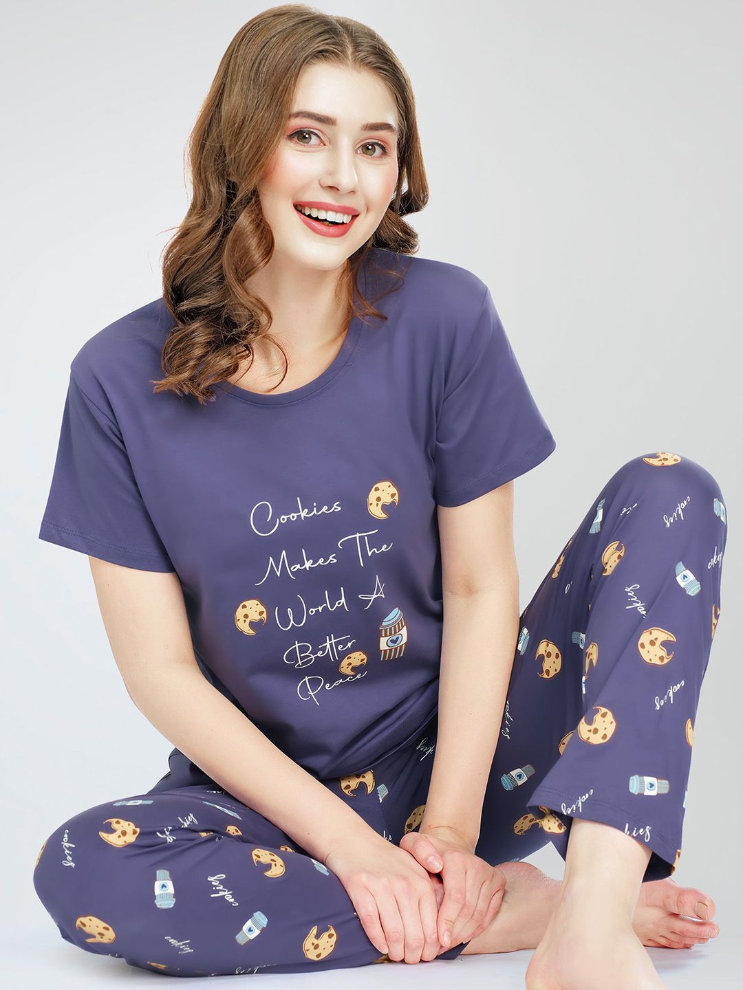 Zeyo Round Neck Printed Pure Cotton Night suit-image-25
