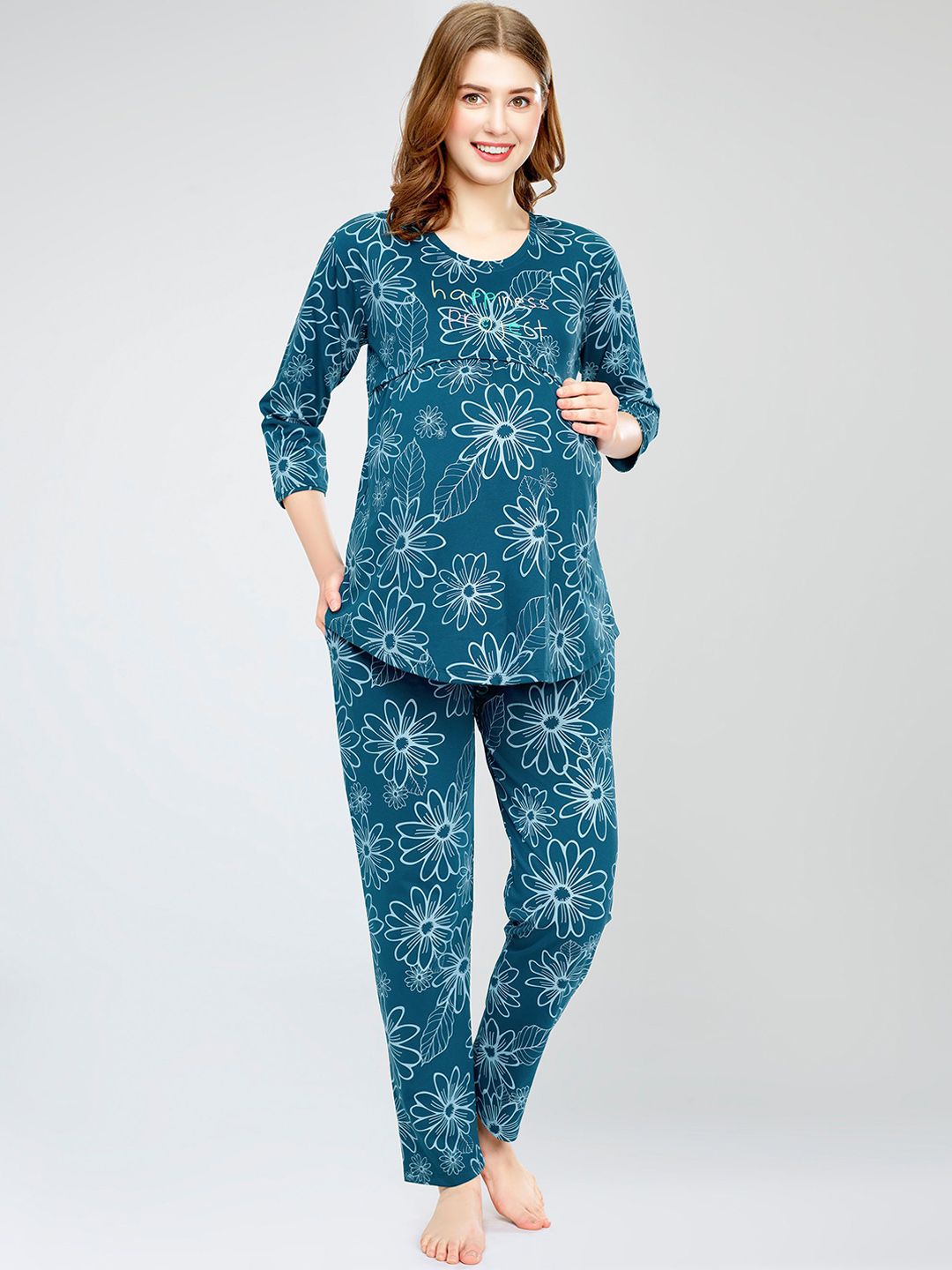 Zeyo Floral Printed Round Neck Pure Cotton Maternity Night suit-picture-18