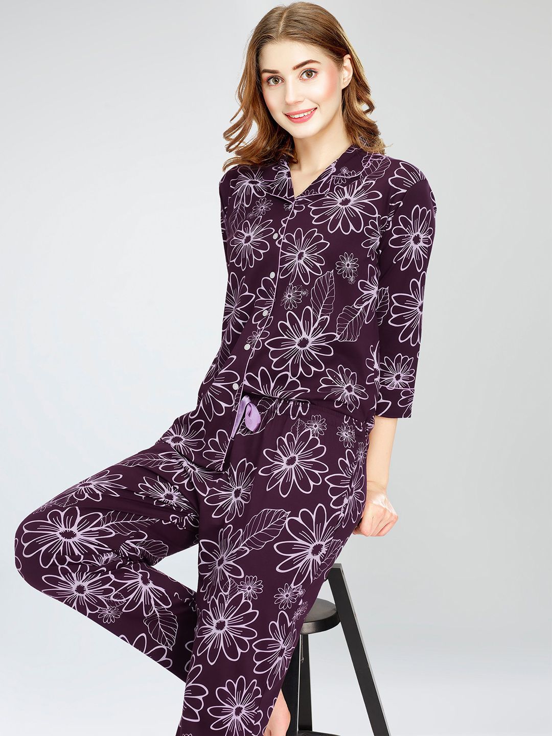Zeyo Floral Printed Round Neck Pure Cotton Night Suit-picture-14