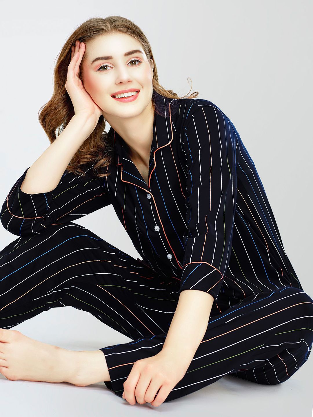 Zeyo Lapel Collar Printed Pure Cotton Night suit-image-46