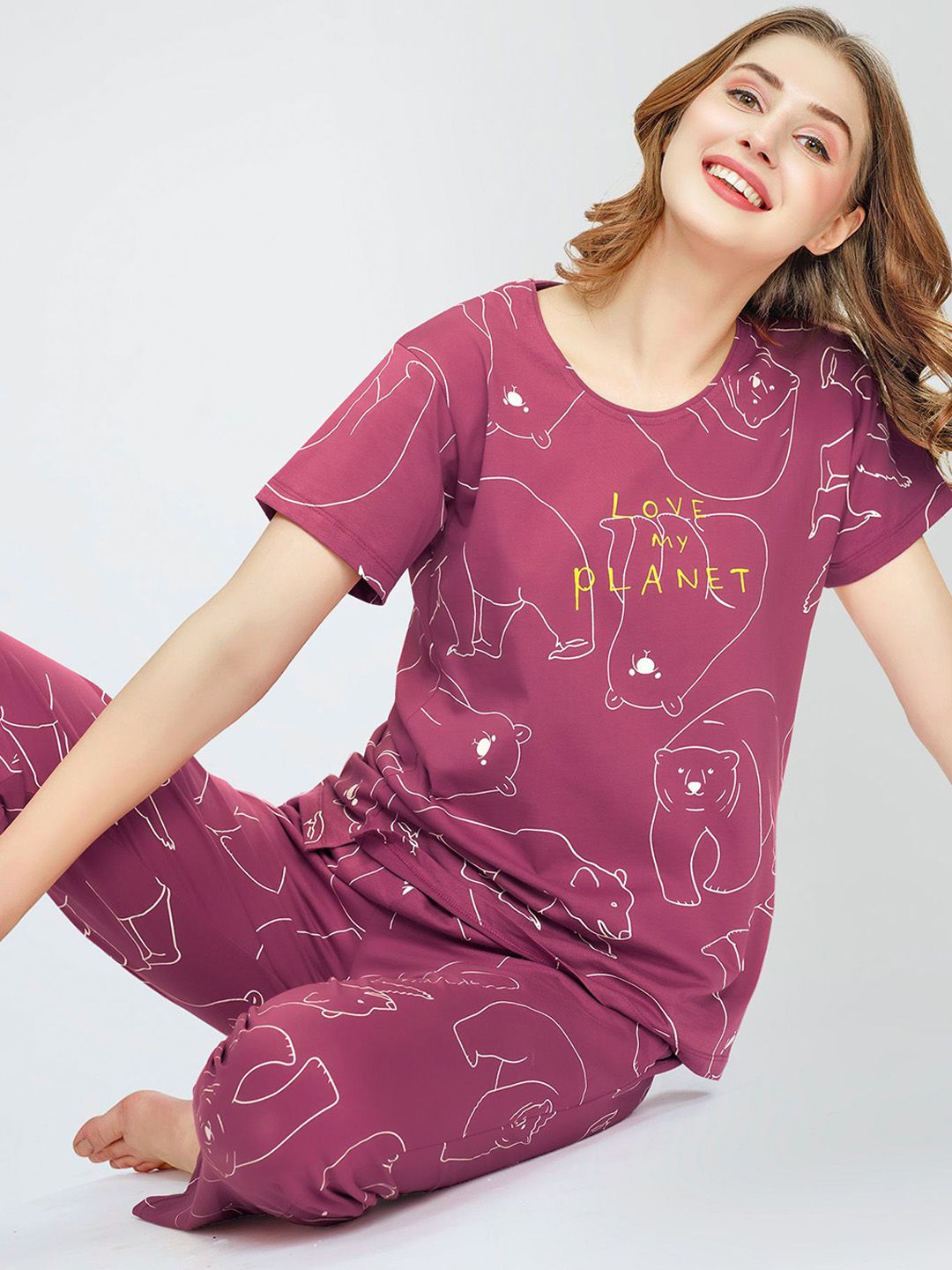 Zeyo Round Neck Printed Short Sleeves Cotton Night suit-image-26