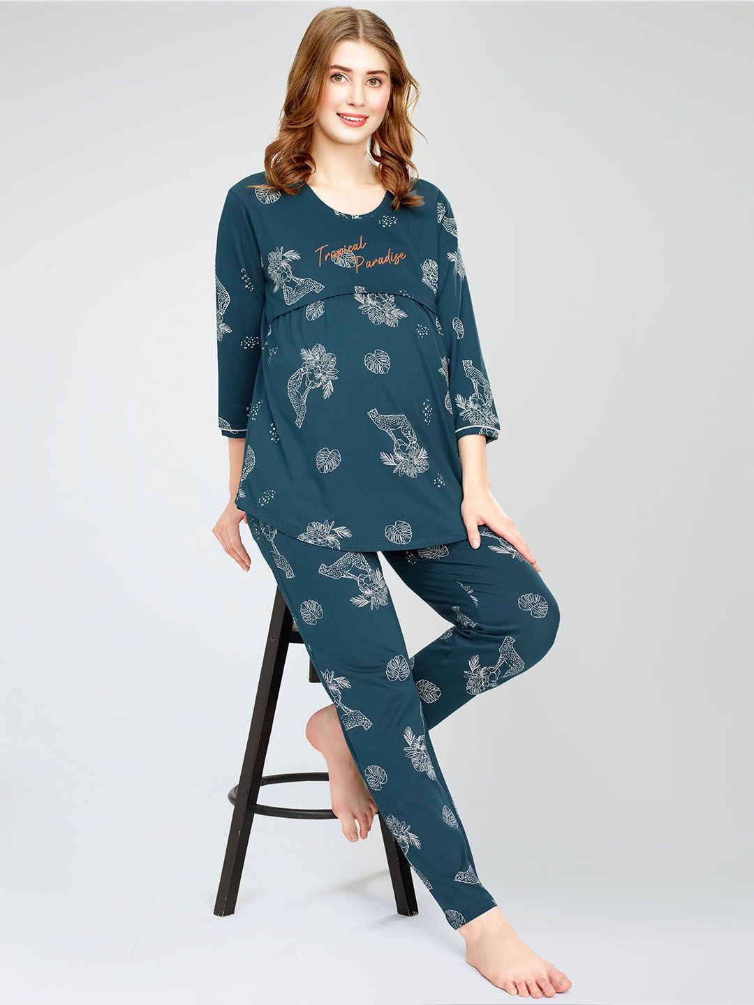 Zeyo Floral Printed Round Neck Pure Cotton Maternity Night suit-picture-16