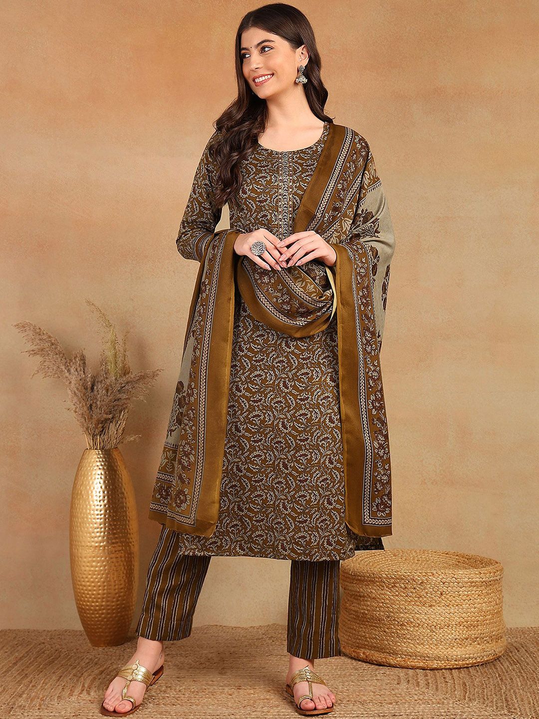 KALINI Floral Printed Thread Work Straight Kurta with Trousers & Dupatta-picture-29