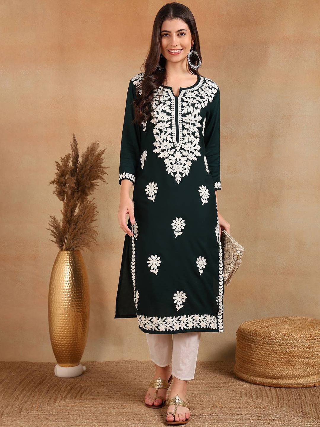 KALINI Floral Embroidered Chikankari Straight Kurta-picture-23