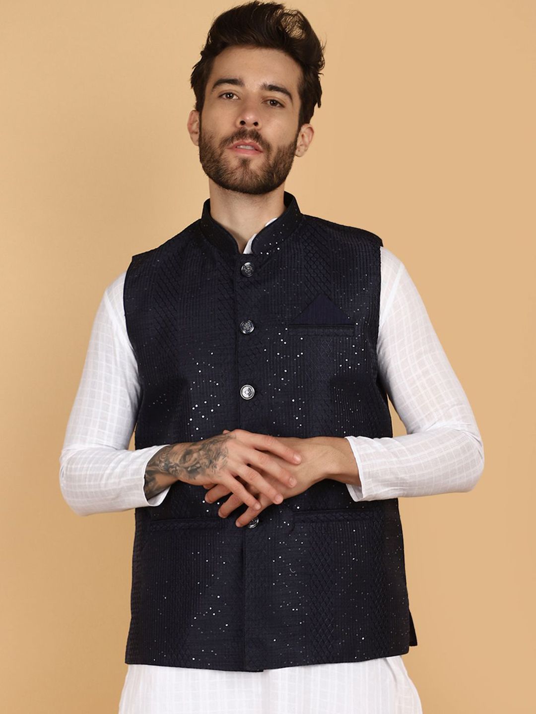 V-Mart Sequence Embellished Textured Nehru Jackets-picture-24