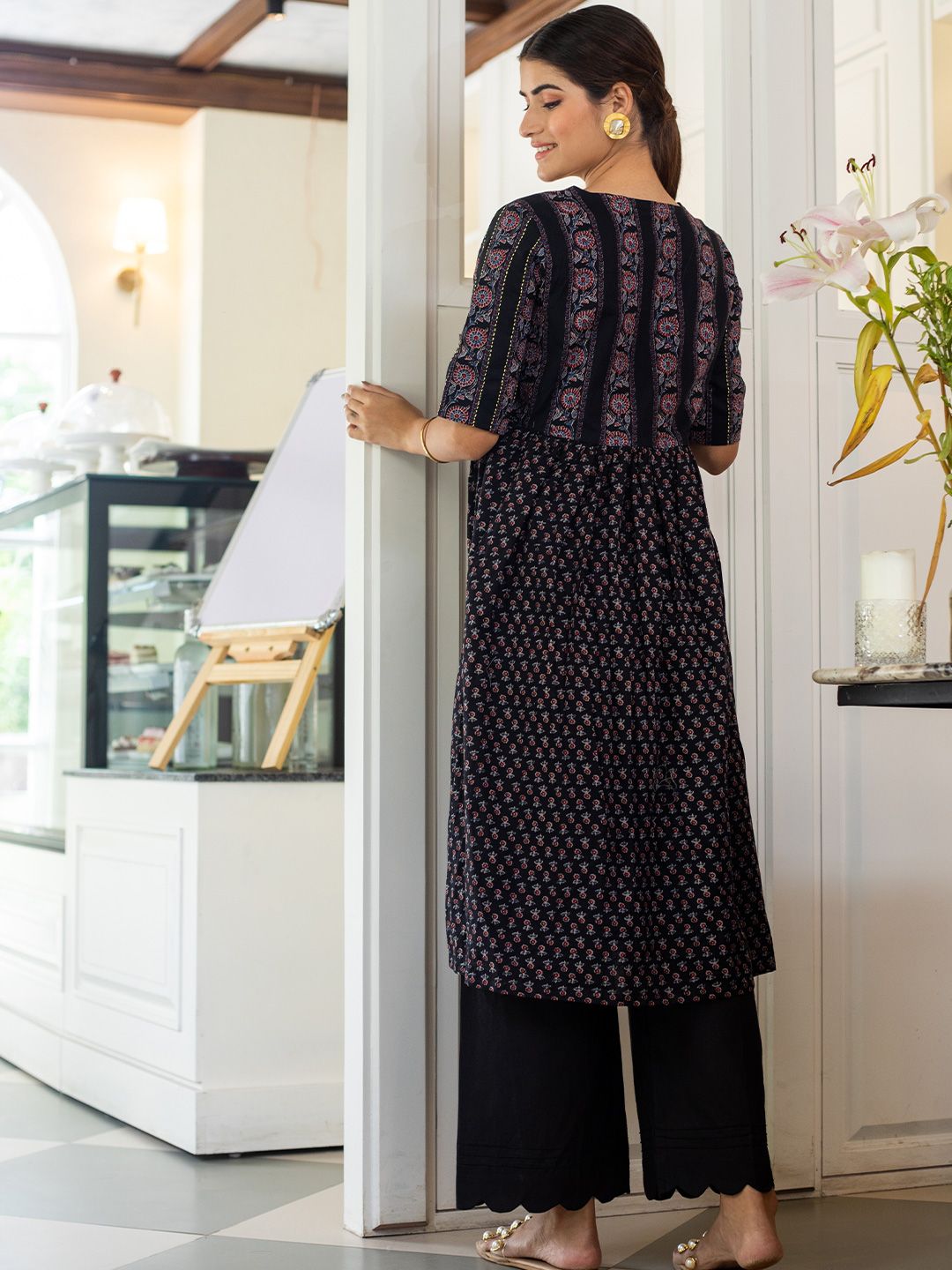 Black - Jacquard Cotton Floral A-Line Kurta 26