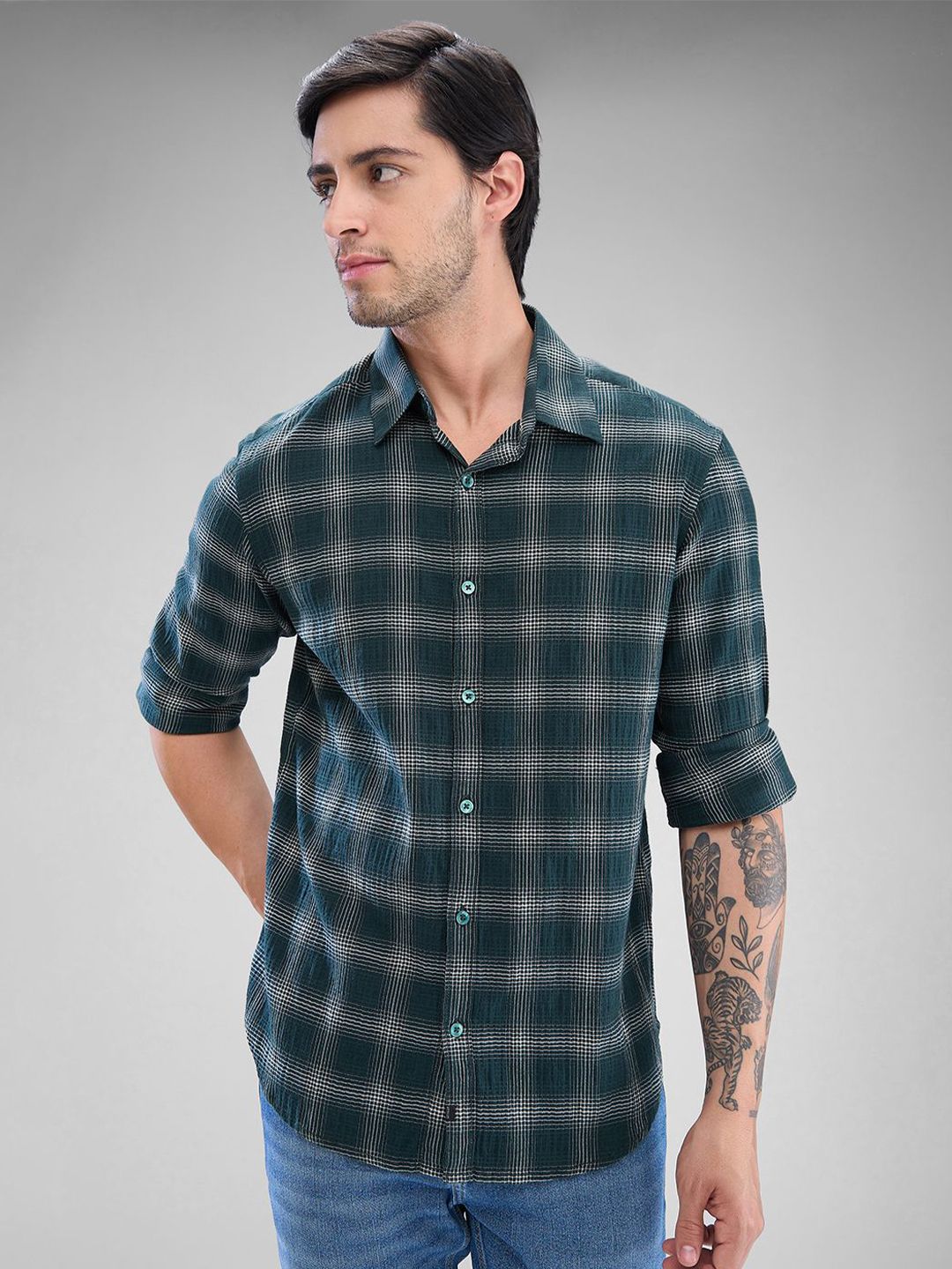 SPYKAR Men Slim Fit Opaque Checked Spread Collar Casual Shirt-picture-27