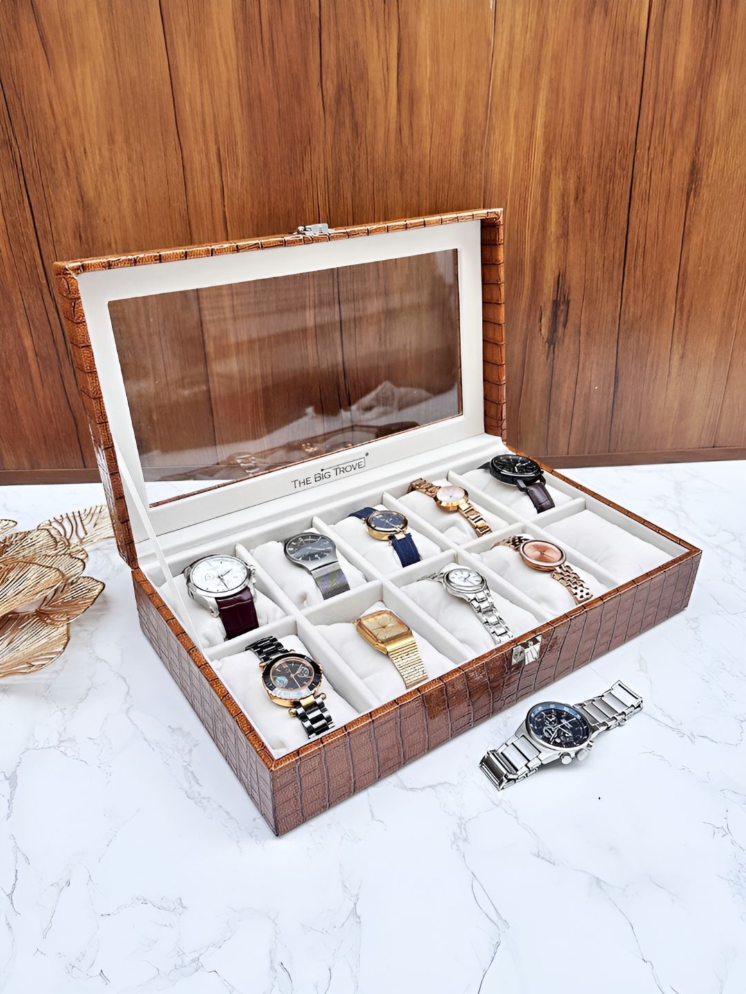 La Trove Brown MDF 10 Slot Watch Box with Glass-picture-24