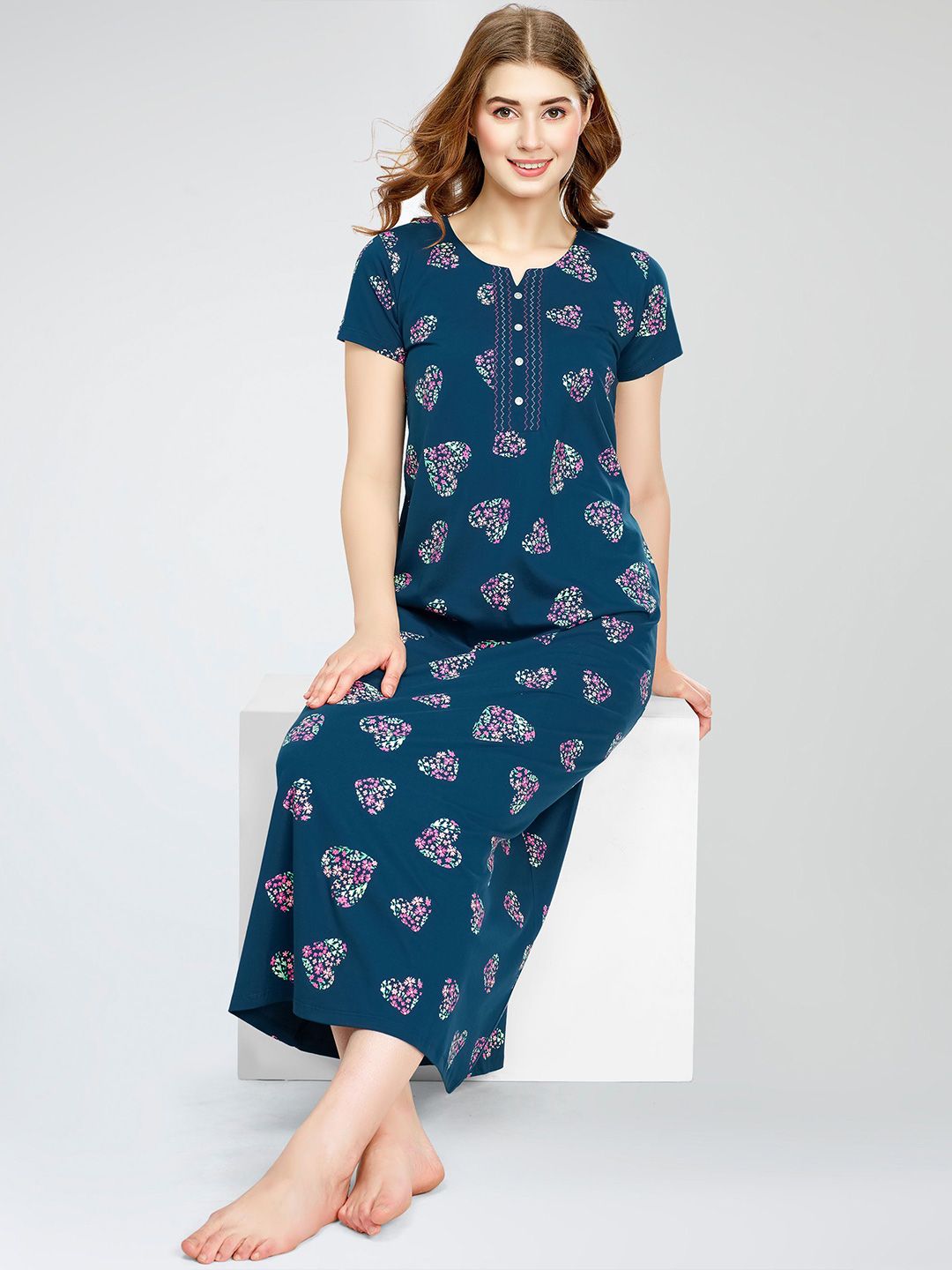 Zeyo Graphic Printed Pure Cotton Maxi Nightdress-picture-54