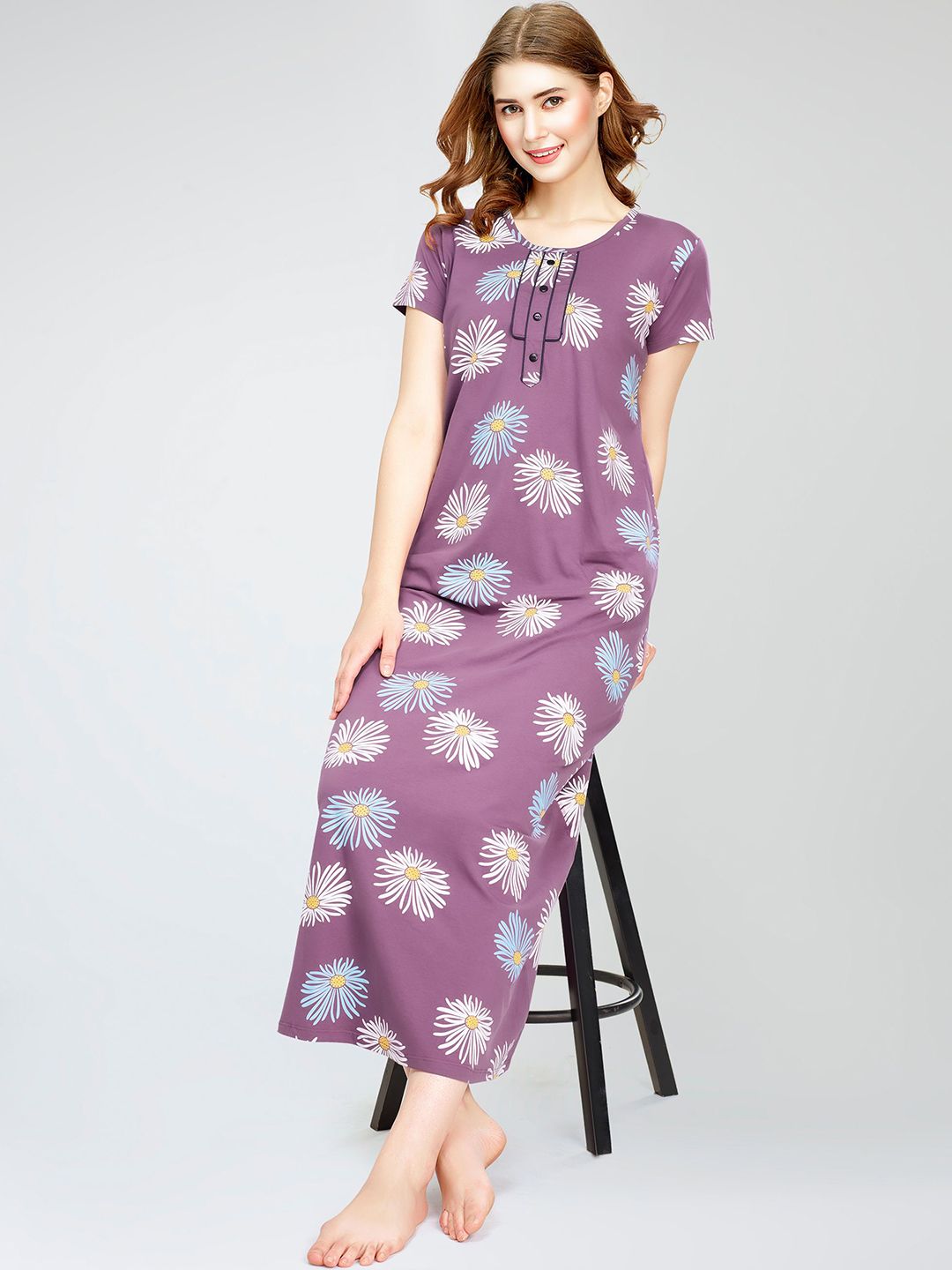 Zeyo Floral Printed Pure Cotton Maxi Nightdress-picture-35