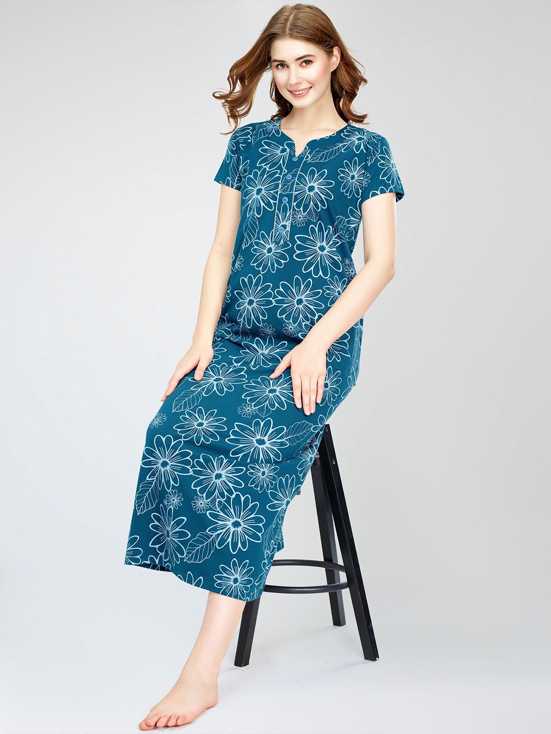 Zeyo Floral Printed Pure Cotton Maxi Nightdress-picture-32