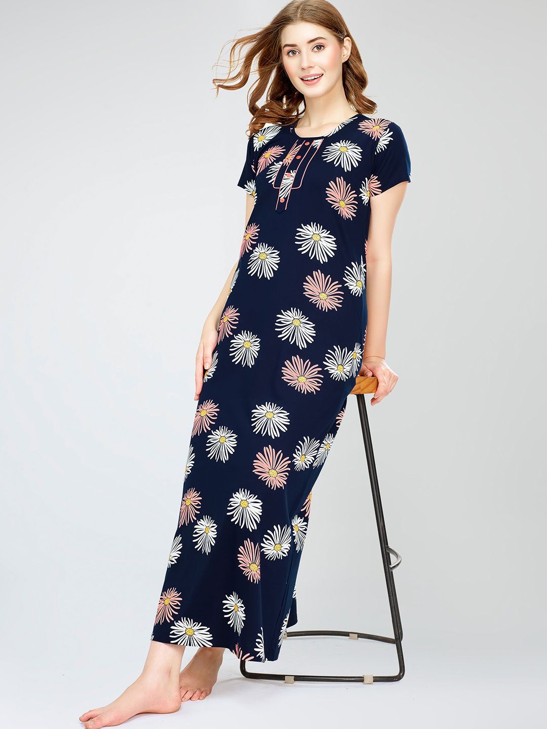 Zeyo Floral Printed Pure Cotton Maxi Nightdress-picture-34