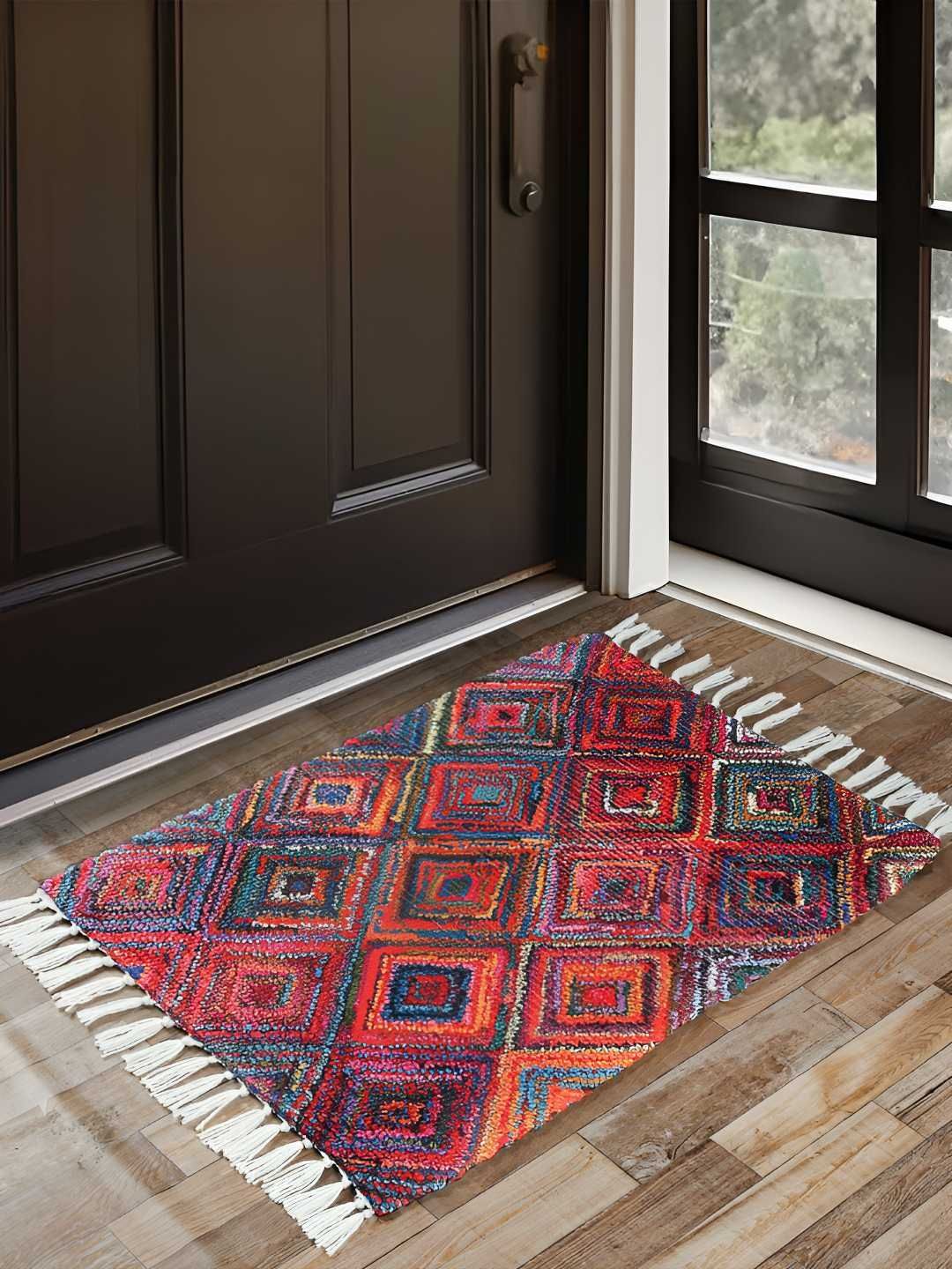 HOMADORN Blue & Red Geometric Printed Anti Skid Dhurrie-image-6
