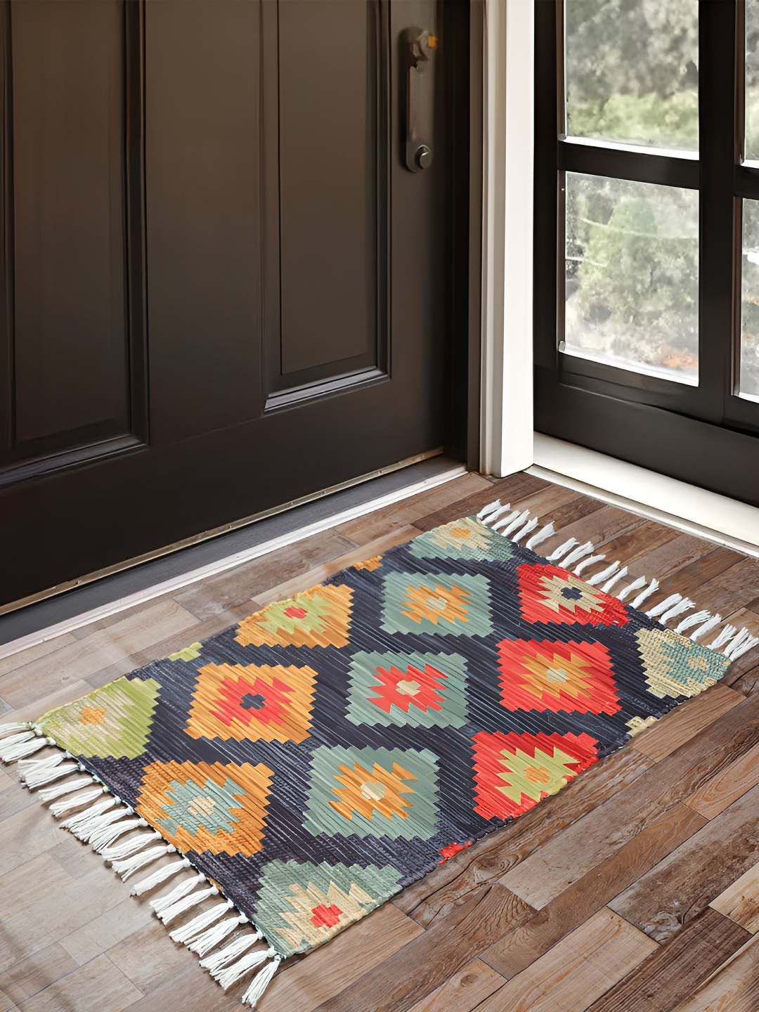 HOMADORN Blue & Red Geometric Printed Anti Skid Rectangular Floor Mat