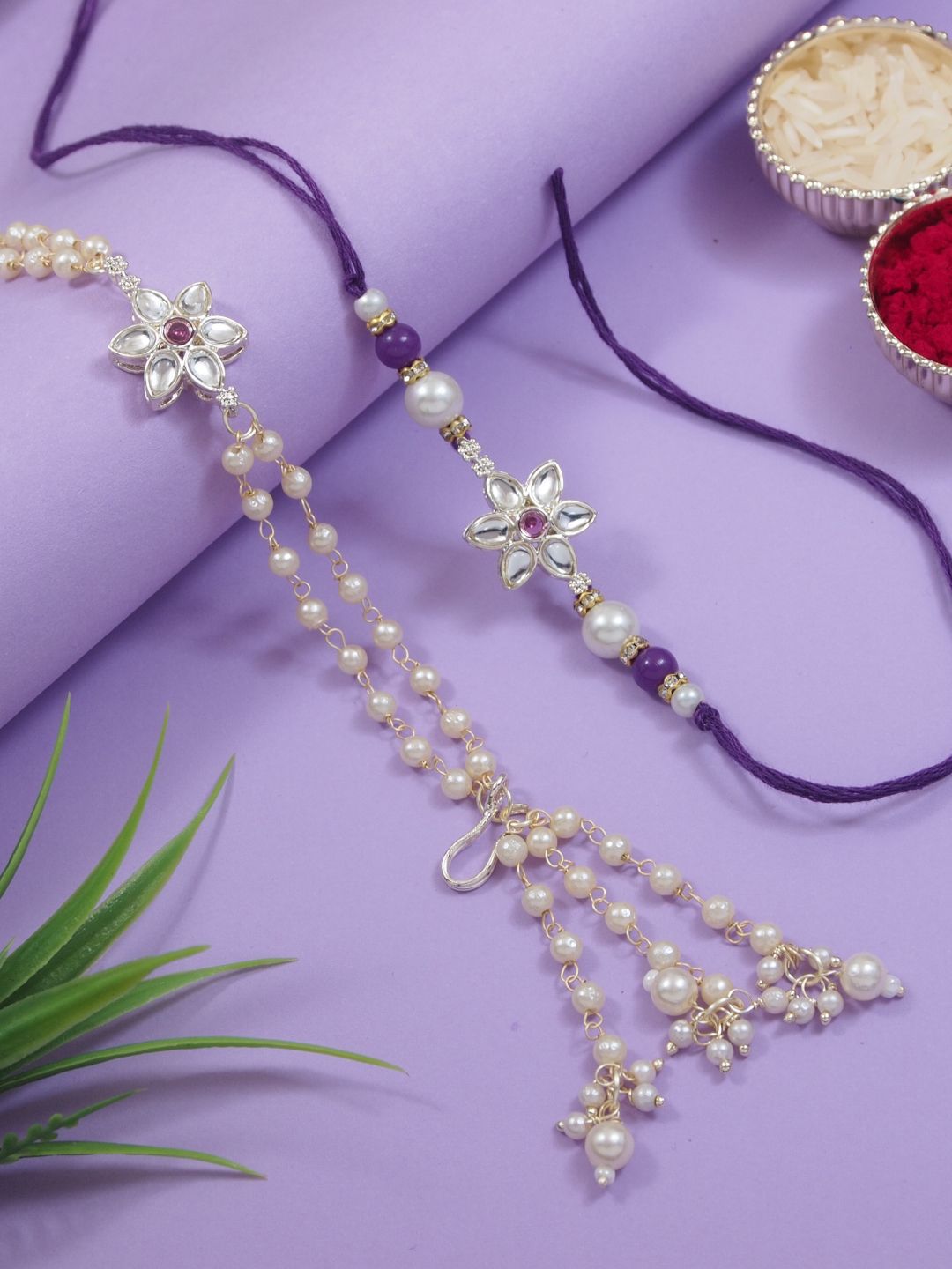 I Jewels Kundan Studded & Pearl Bhaiya Bhabhi Lumba Rakhi With Roli Chawal & Greeding Card-picture-40