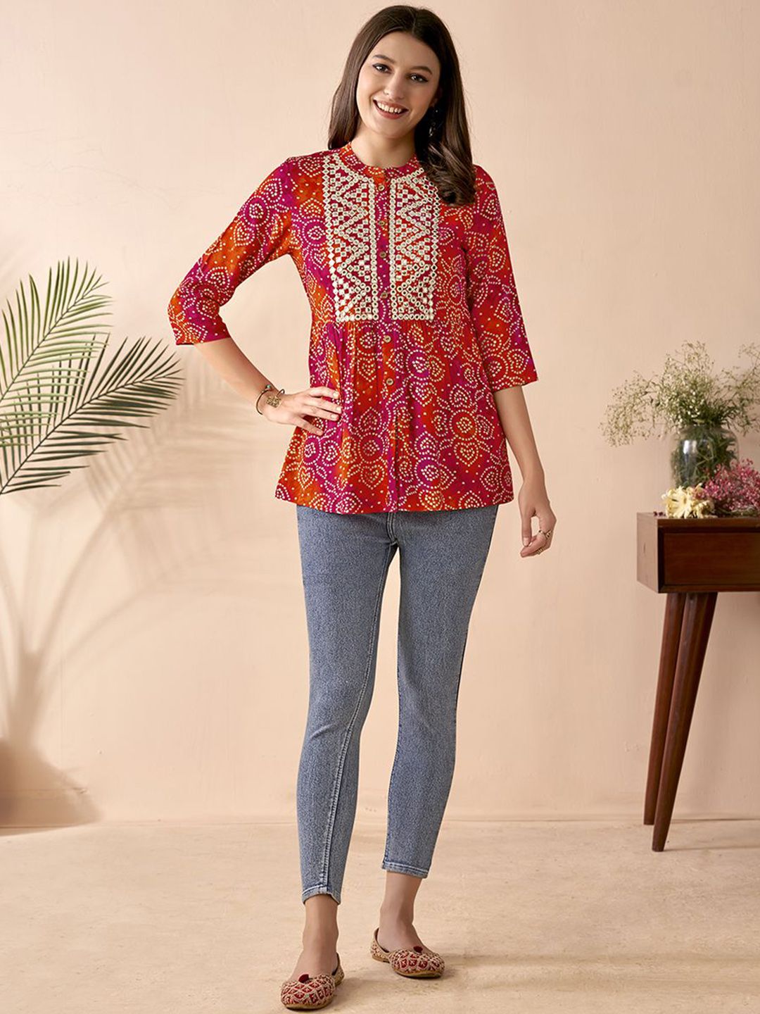 anouk x fwd Anouk Fuchsia Bandhani Printed Band Collar Mirror Work Empire Anarkali Kurti-picture-26