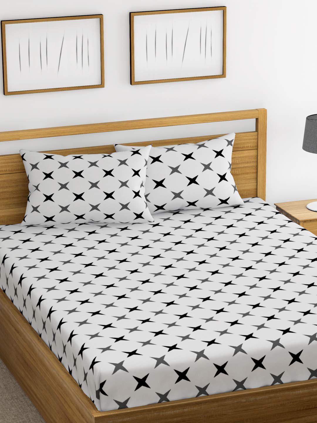 Huesland White & Black Geometric 144 TC King Bedsheet with 2 Pillow Covers-picture-16
