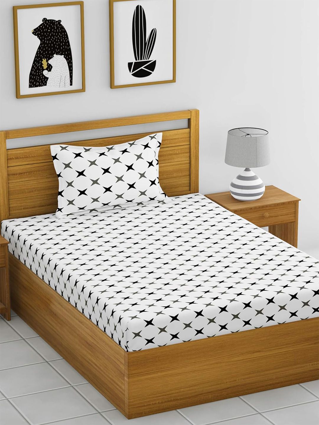 Huesland White & Black Cotton 144 TC Single Bedsheet With 2 Pillow Covers-picture-17