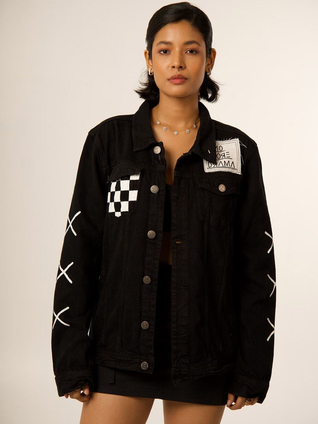 VALKYRE Unisex Geometric Cotton Longline Denim Jacket with Patchwork-picture-21