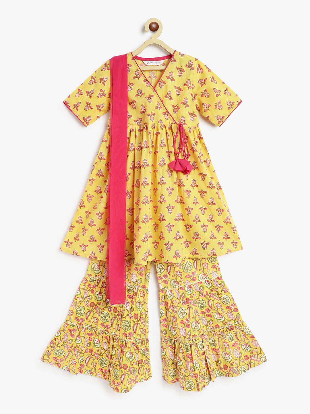 Campana Girls Floral Printed Angrakha Pure Cotton Kurti with Sharara & With Dupatta-picture-14