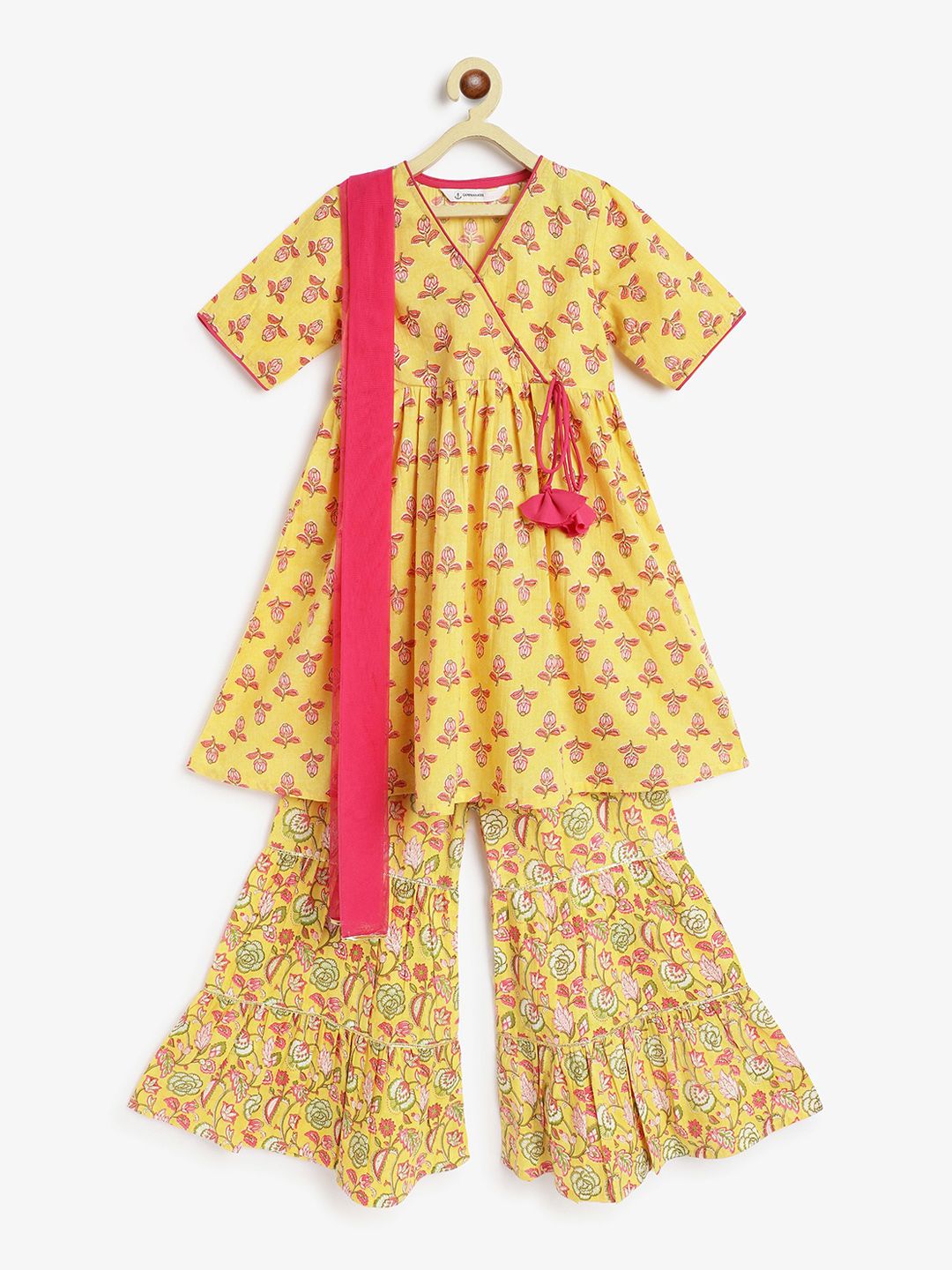 Campana Girls Floral Printed Angrakha Pure Cotton Kurti with Sharara & With Dupatta-picture-12