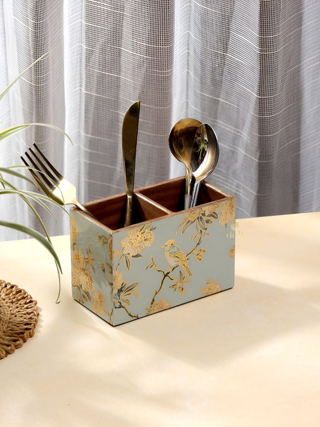 DULI Blue & Yellow Wooden Cutlery Holder Spoon Stand