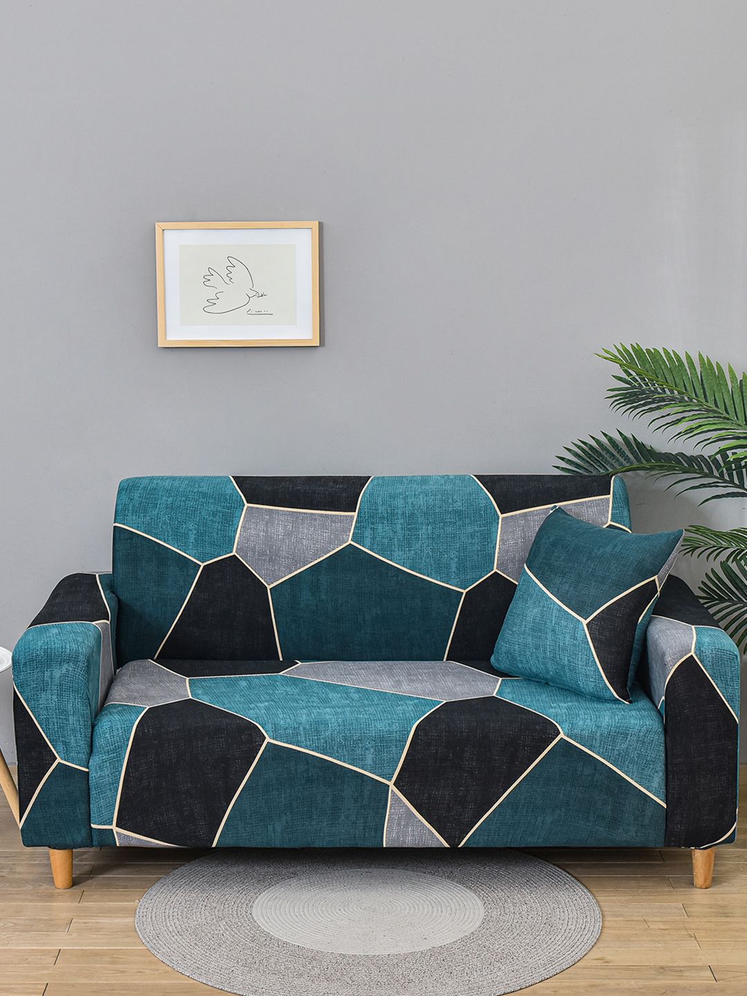 Story@home Blue & Black Printed 3 Seater Stretchable Sofa Cover With Arms-image-35