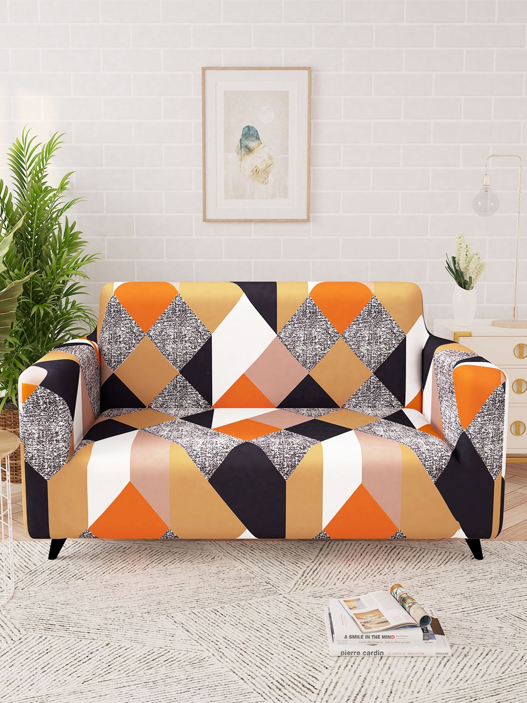 Story@home Orange & Beige Printed 2 Seater Stretchable Sofa Cover With Arms