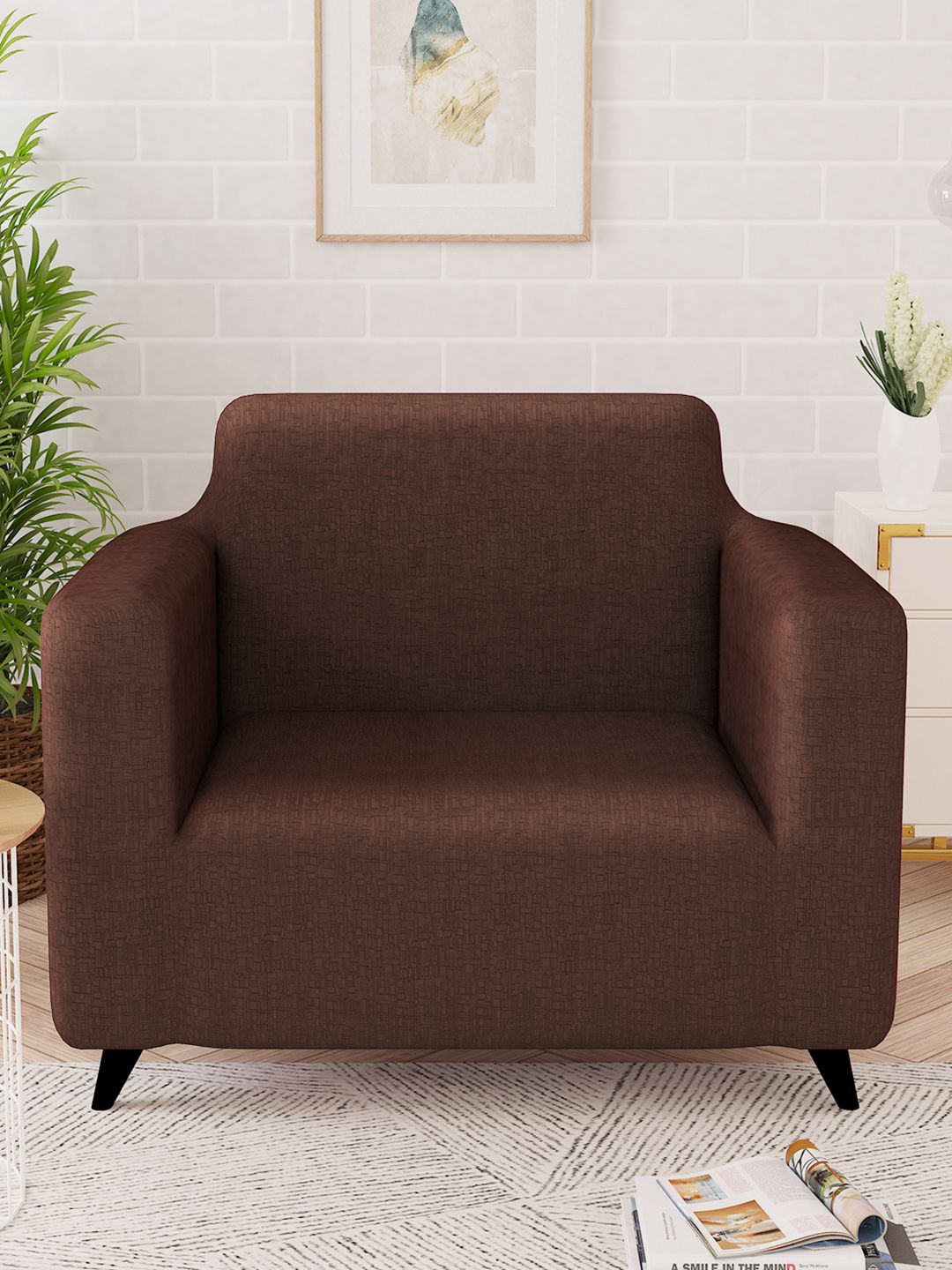 Story@home Brown Printed Single Seater Stretchable Sofa Cover With Arms