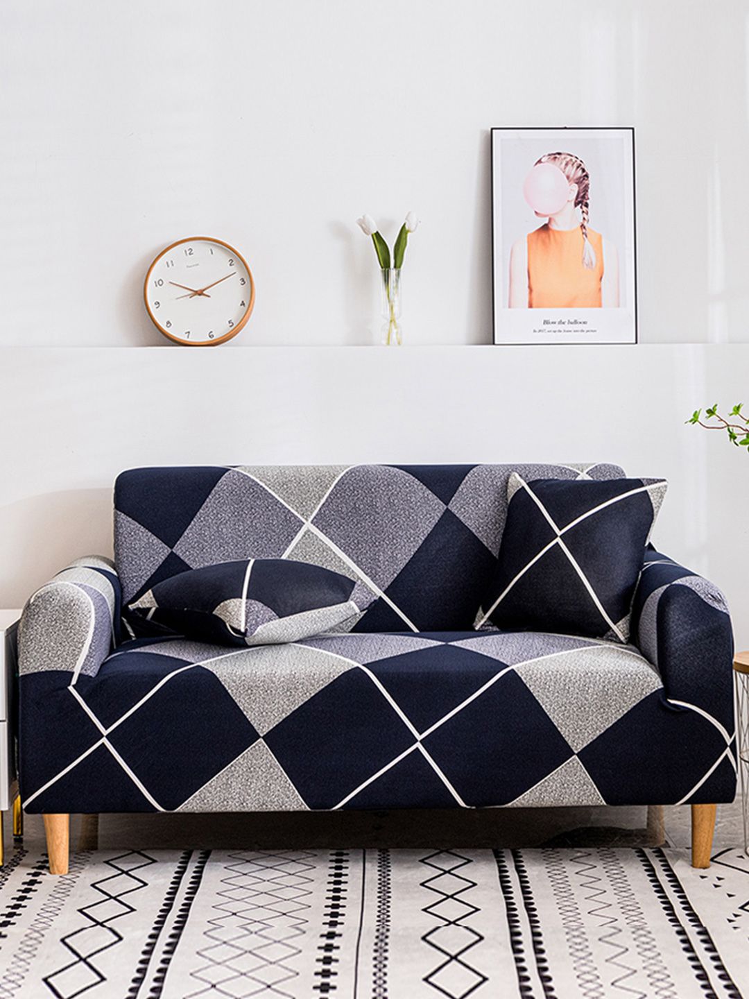 Story@home Navy Blue & Grey Printed 3 Seater Stretchable Sofa Cover With Arms