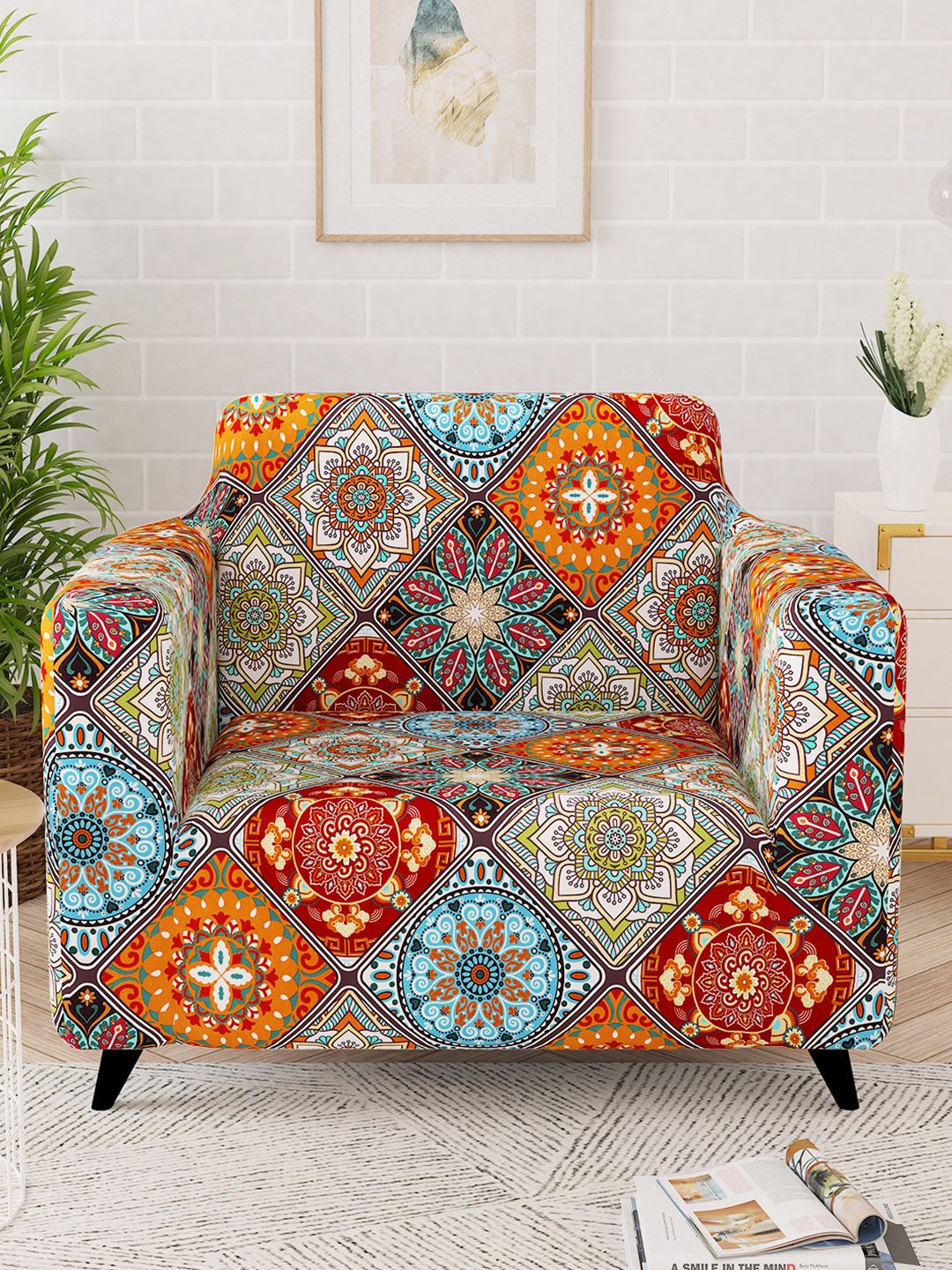 Story@home Orange & Yellow Printed Single Seater Stretchable Sofa Cover With Arms-picture-37