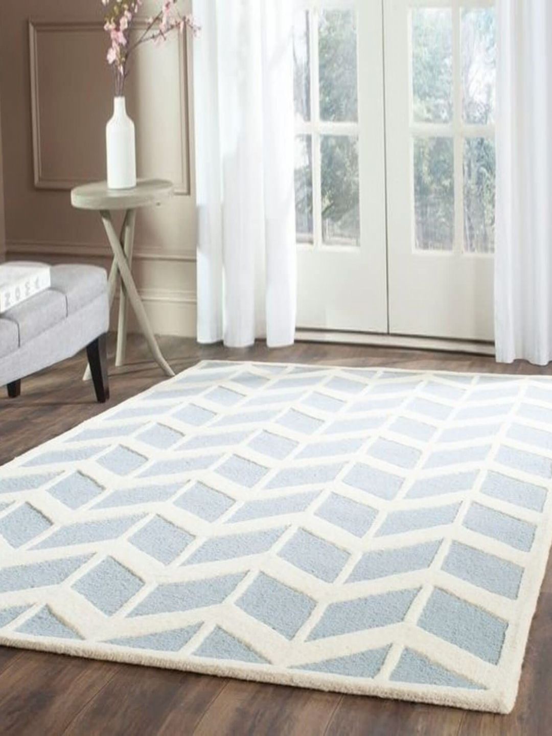 Safiya Carpet Blue & Cream Geometric Woollen Carpet-image-39