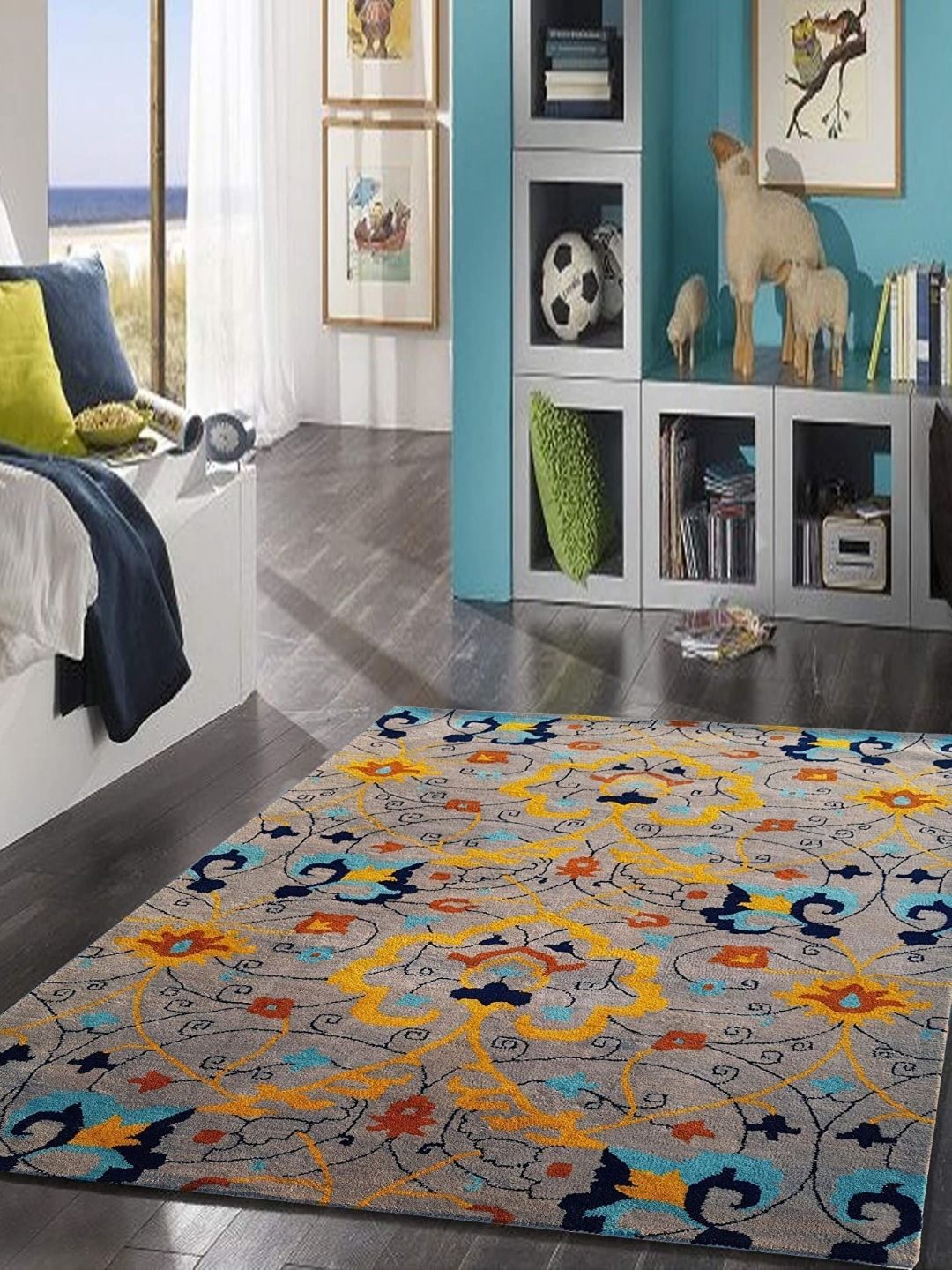 Safiya Carpet Grey & Blue Floral Hand-Tufted Woollen Contemporary Carpet-image-37