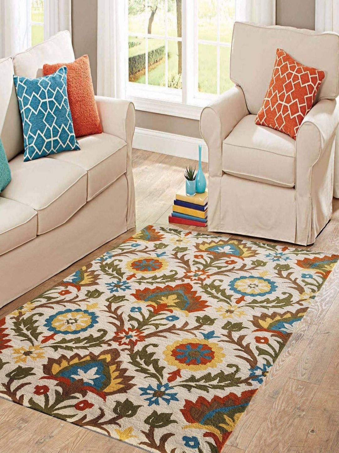 Safiya Carpet Beige & Green Ethnic Motifs Woollen Traditional Carpet-picture-19