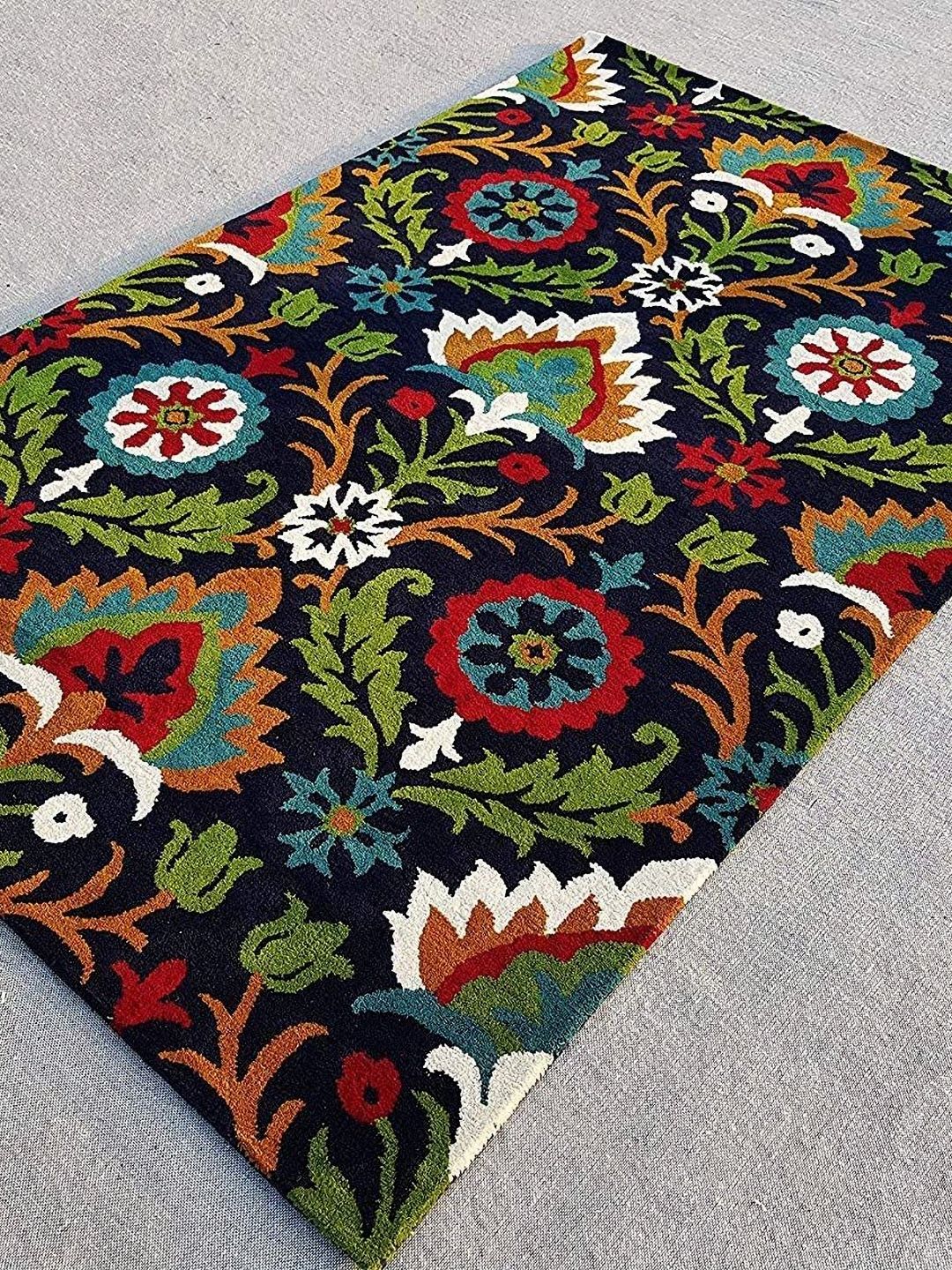 Safiya Carpet Navy Blue & Green Ethnic Motifs Printed Hand-Tufted Rectangle Woollen Carpet-image-49