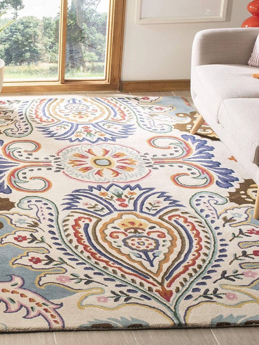 Safiya Carpet Beige & Blue Ethnic Motifs Printed Hand-Tufted Rectangle Woollen Carpet-image-5