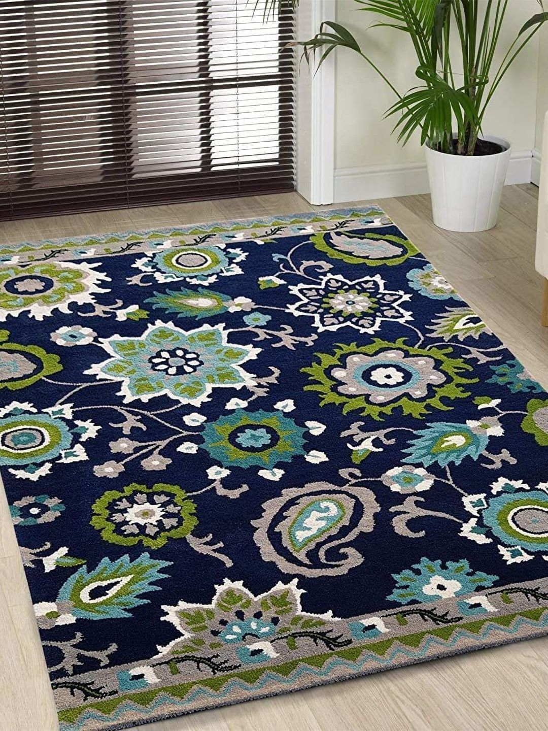 Safiya Carpet Navy Blue & Green Ethnic Motifs Printed Hand-Tufted Woollen Carpet-image-46