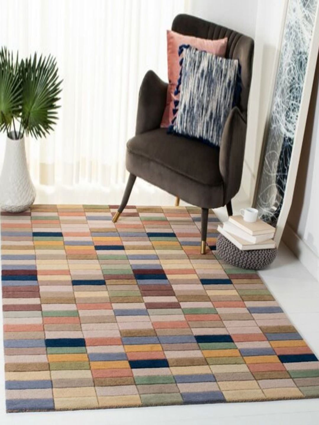Safiya Carpet Beige & Green Geometric Printed Hand-Tufted Woollen Carpet-image-48