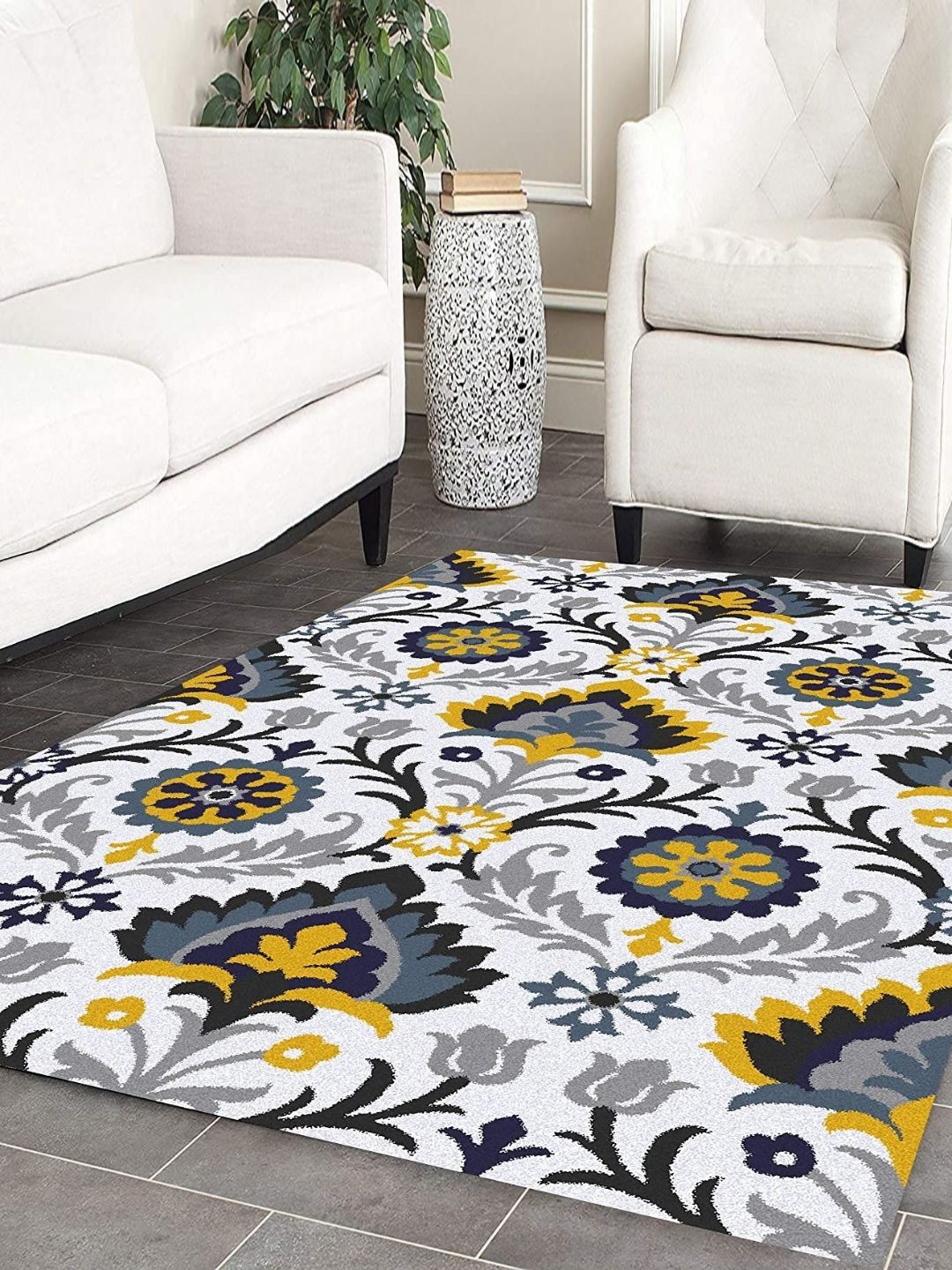 Safiya Carpet White & Grey Floral Hand-Tufted Woollen Traditional Carpet-picture-2