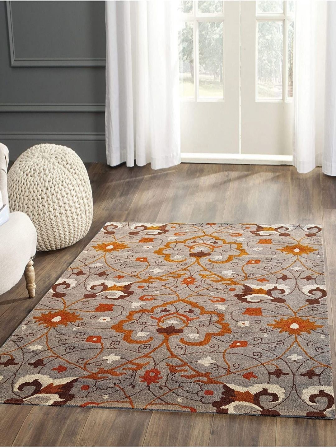Safiya Carpet Grey & Orange Floral Hand-Tufted Woollen Traditional Carpet-image-40